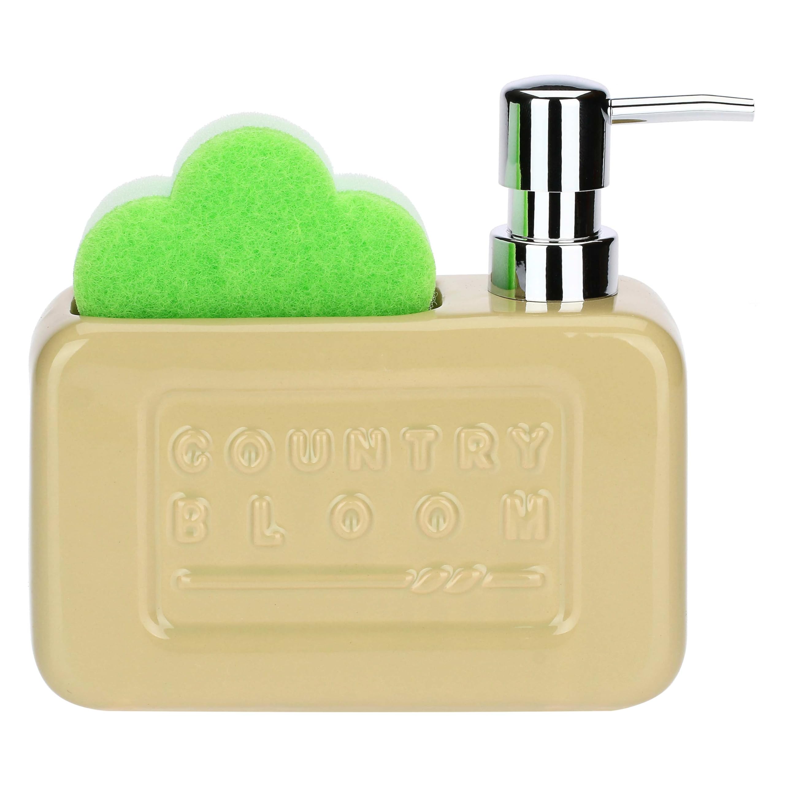 Thun - Set Dispenser And Sponge Holder Country Bloom - Stoneware, 9 X 9 X 3.5 Cm