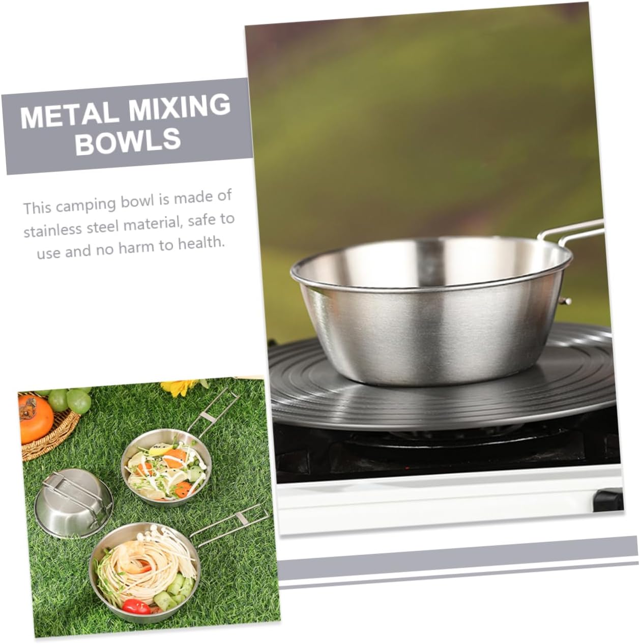 YARNOW 9pcs Camping Utensils Mix Serve Folding Handle Steel Bowl Stainless Steel Mixing Bowl