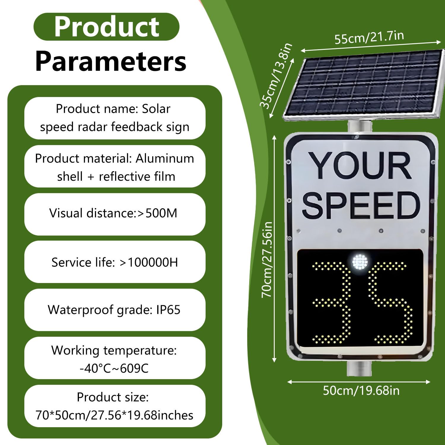 Señal de velocidad con radar, pantalla LED de velocidad alimentada por energía solar para zonas escolares, 500 mm x 700 mm, solución para el control de la seguridad vial.