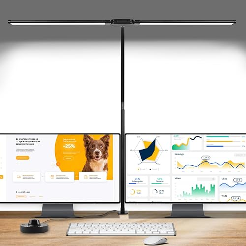 Woputne Led Desk Lamp for Office Home - Eye Caring Architech Lamp with Clamp, Dual Computer Monitor Flexible Gooseneck Lamp, 24W 5 Color Adjustable Lighting Table Lamp for Study, Office, Craft, Draw