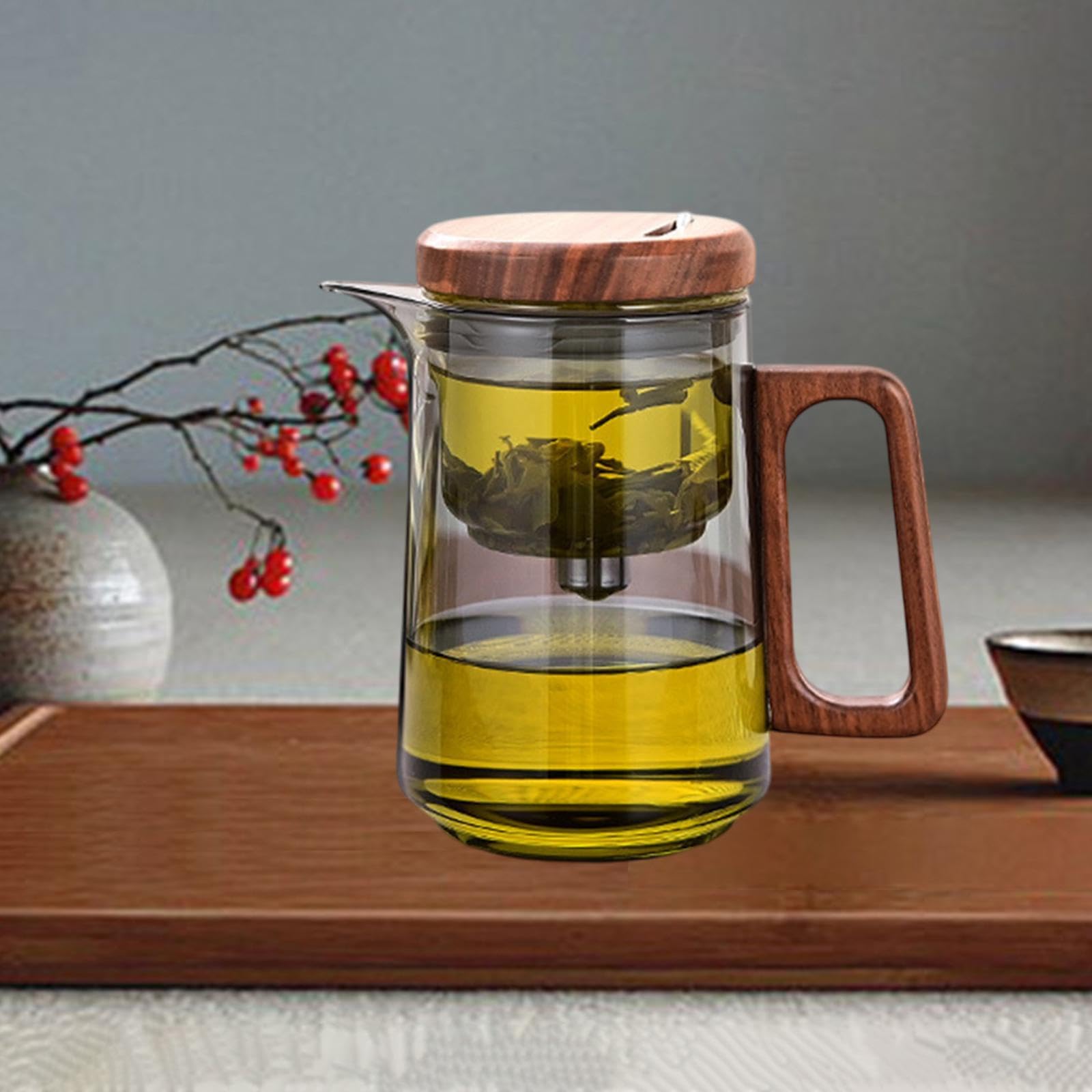 Glas Teekanne mit Siebeinsatz Borosilikatglas Holzdeckel Wassertrennung für Teezubereitung Büro Und Zuhause, Klares Schwarz