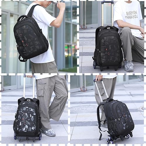 Miniatura 6 de EKUIZAI Mochila negra con ruedas para niños, mochila con ruedas, Rueda Azul-6