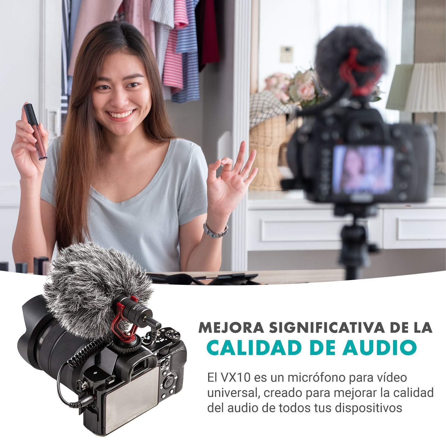 Movo Micrófono de vídeo Universal VXR10 con Montura antivibratoria, Pantalla antiviento Deadcat, para iPhone, teléfonos Inteligentes Android, cámaras DSLR Canon EOS y Nikon y videocámaras | Micrófono de cámara para DSLR, iPhone, Android, micrófono de esco