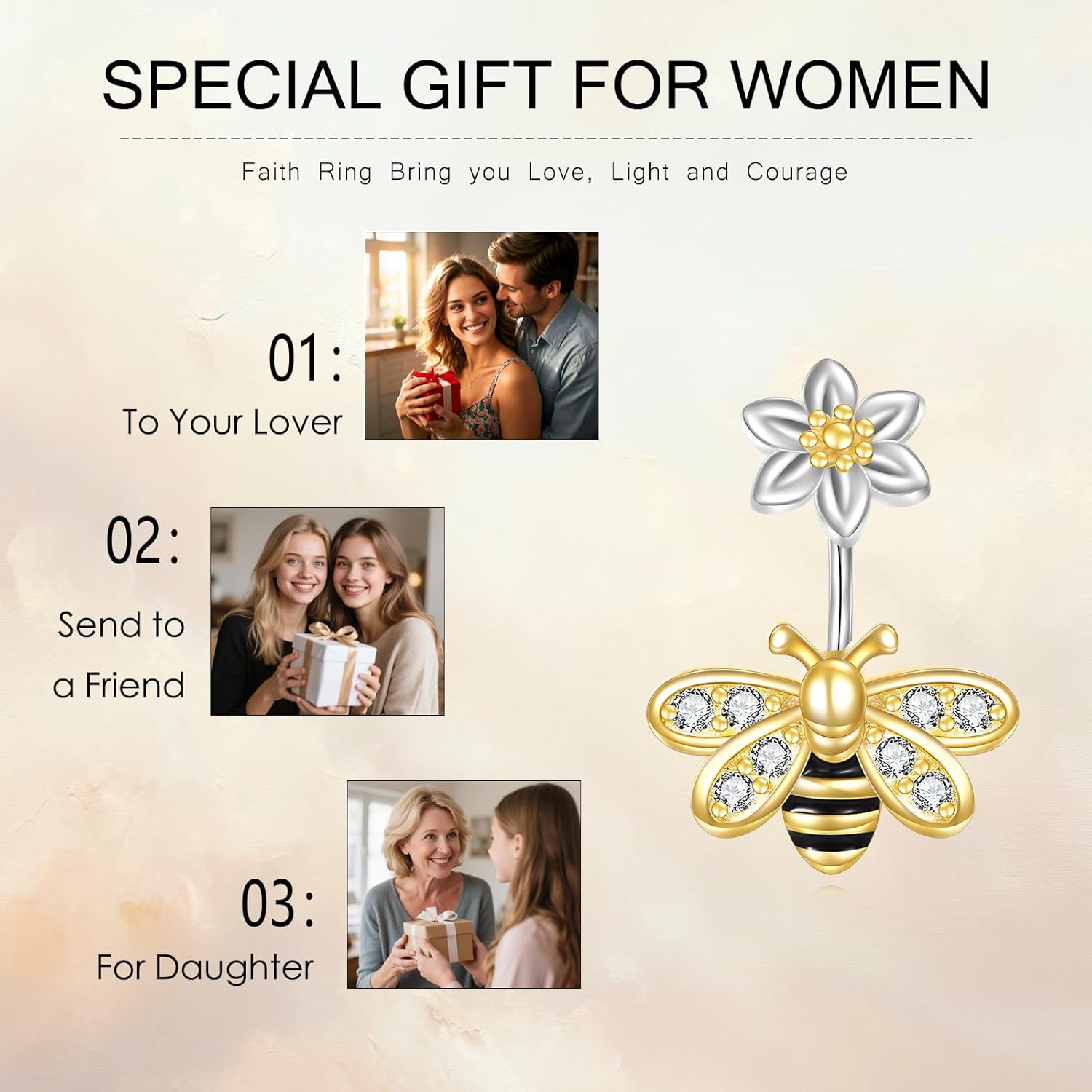 CRMAD Sterling Silver Daisy Bee Belly Button Rings Flower Piercing Jewelry for Women Hypoallergenic (bee) - Image 3