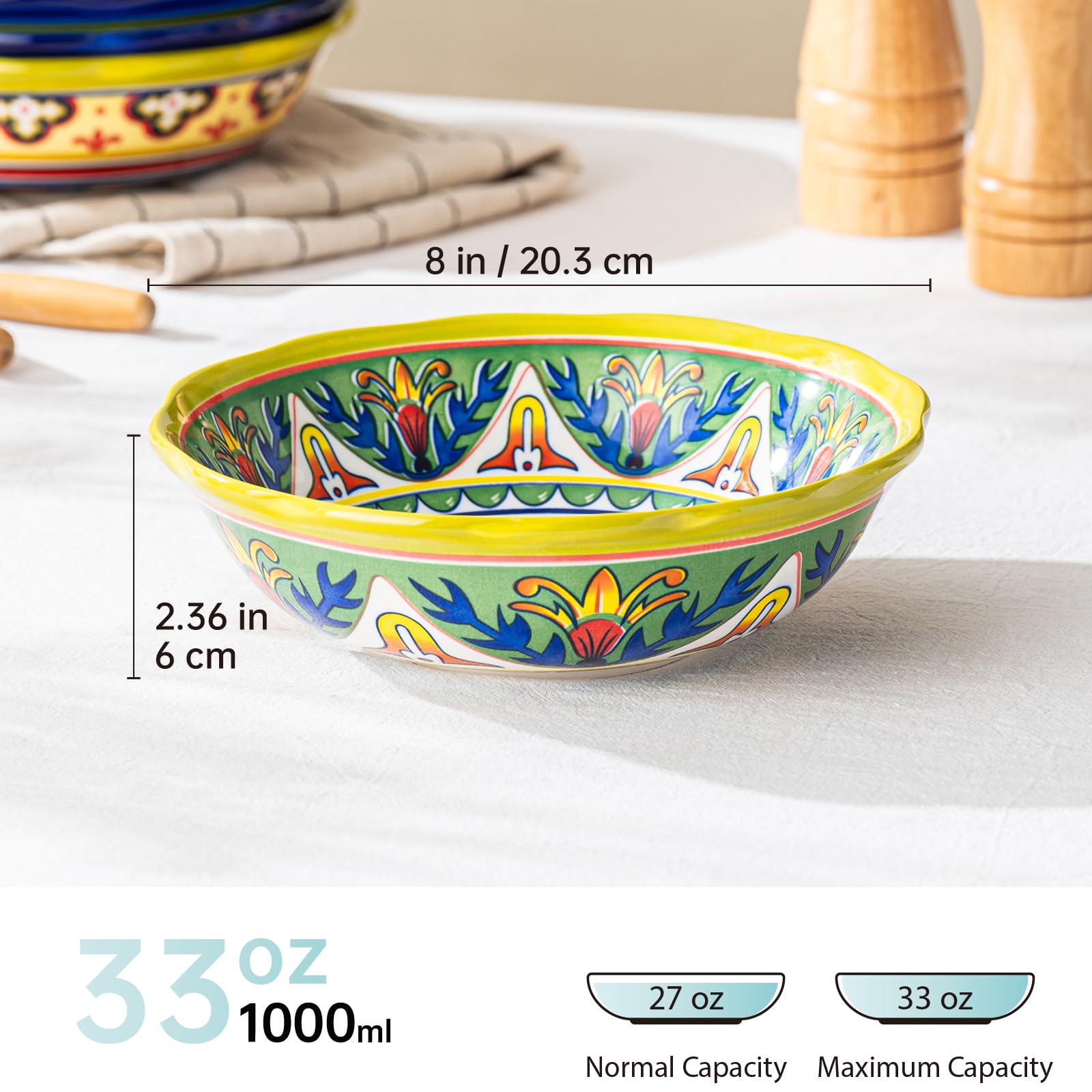 UNICASA 4-częściowy zestaw talerzy ceramicznych, 1000 ml, kolorowe talerze do makaronu, makaronu, spaghetti, sałatki, zupy, zmywarki i kuchenki mikrofalowej