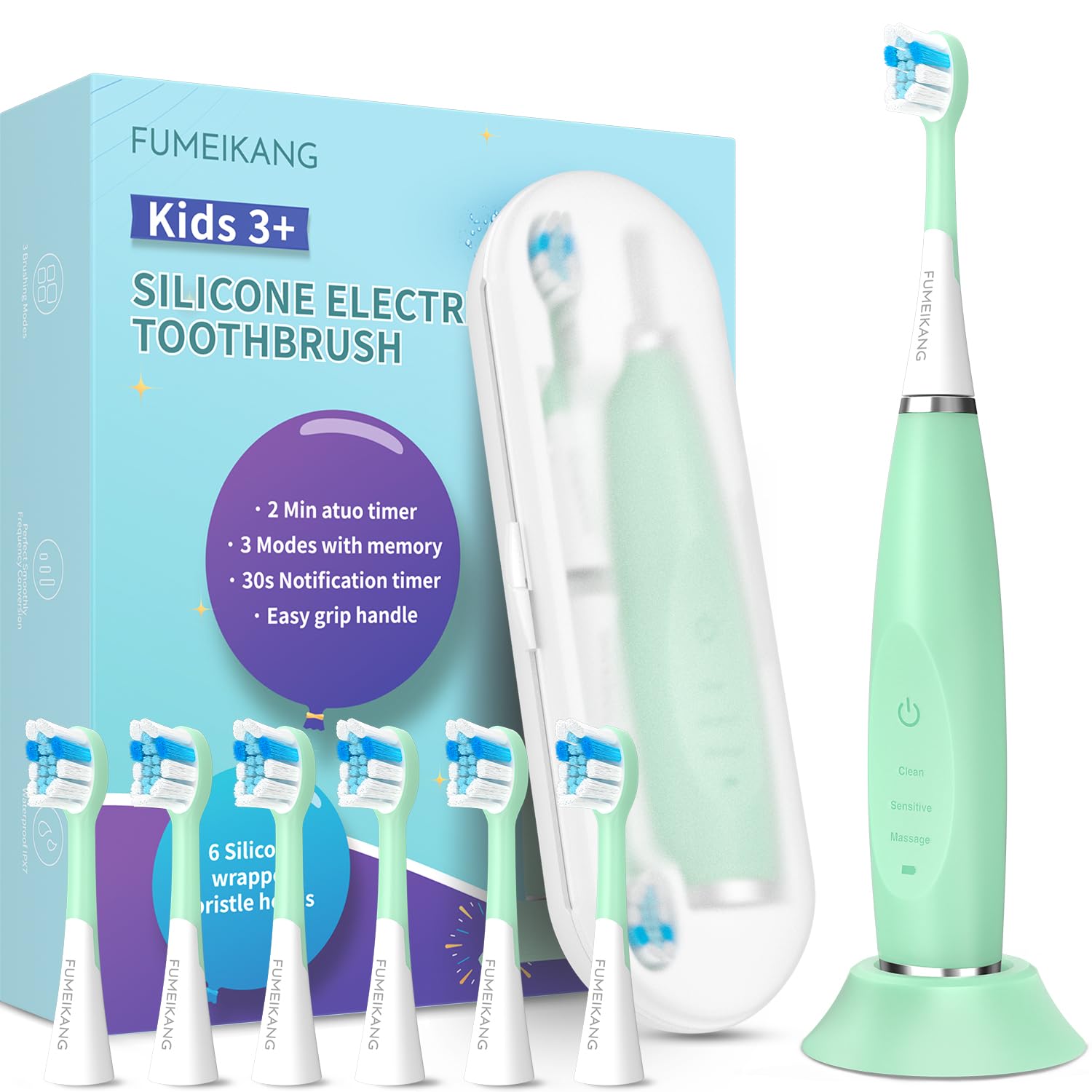 Cepillo de dientes eléctrico para niños de 3 a 12 años, temporizador inteligente eléctrico, 6 cabezales de cepillo suaves, cepillo de dientes sónico impermeable para niñas y niños (menta)