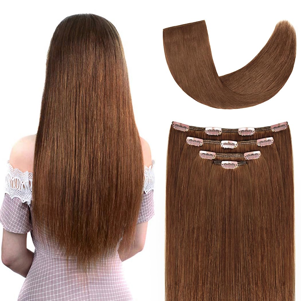 16" Clip in Hair Extensions Real Human Hair for Women - Silky Straight Light Brown Hair Extensions Clip on 55grams 4pieces (16inches, #6 Color)