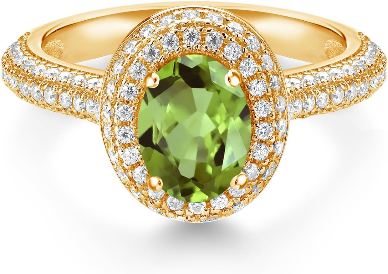 Gem Stone King 18K Yellow Gold Plated Silver 8X6MM Oval Gemstone Birthstone and White Moissanite Halo Engagement Ring | Wedding Anniversary Promise Ring For Women | Size 5,6,7,8,9