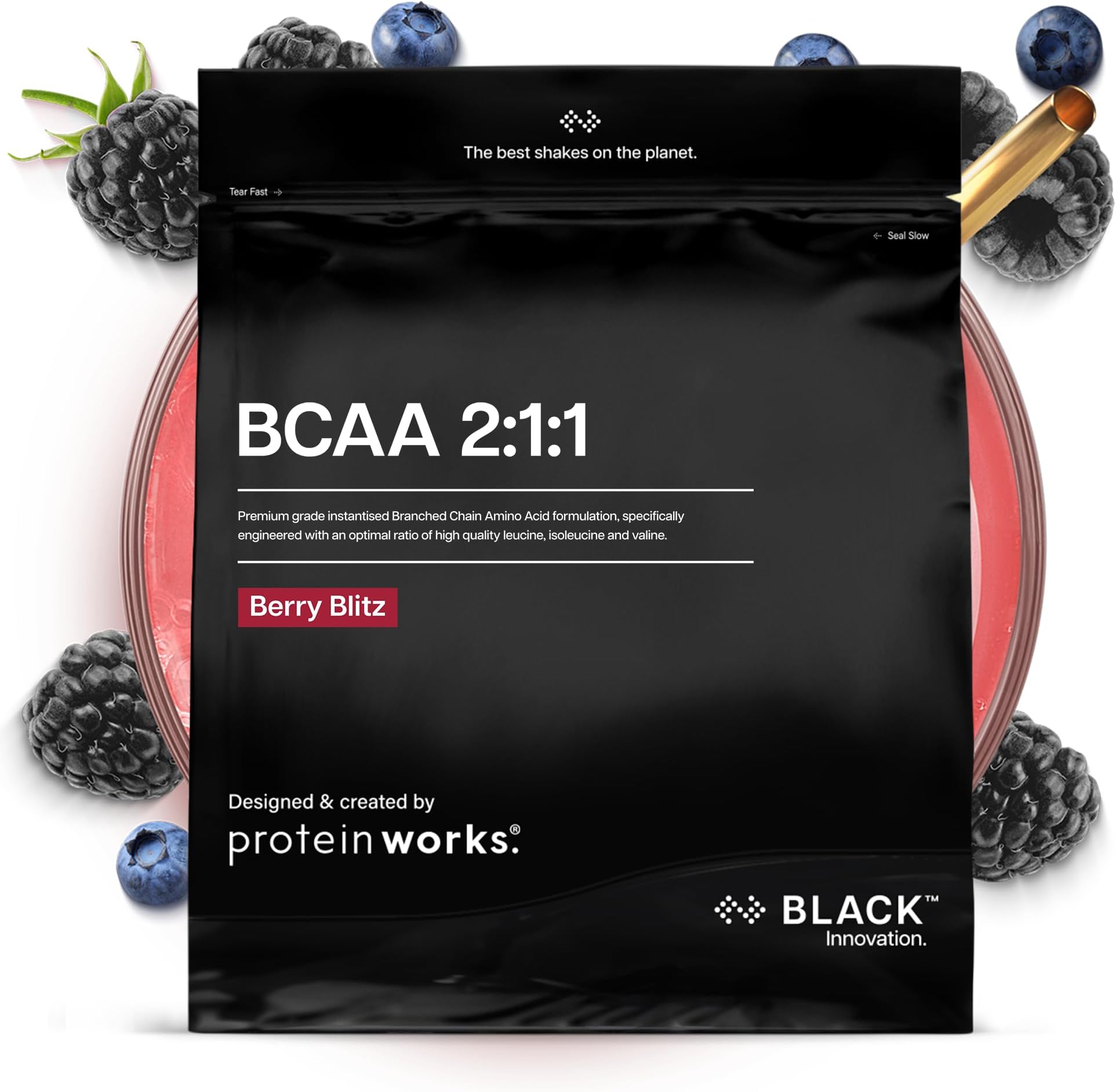 Protein Works | BCAA 2:1:1 - Black Innovation, Premium Essential Amino Acid Blend, Supports Growth & Maintenance of Muscle Mass, Optimal 2:1:1 Ratio, Berry Blitz, 83 Servings, 500g
