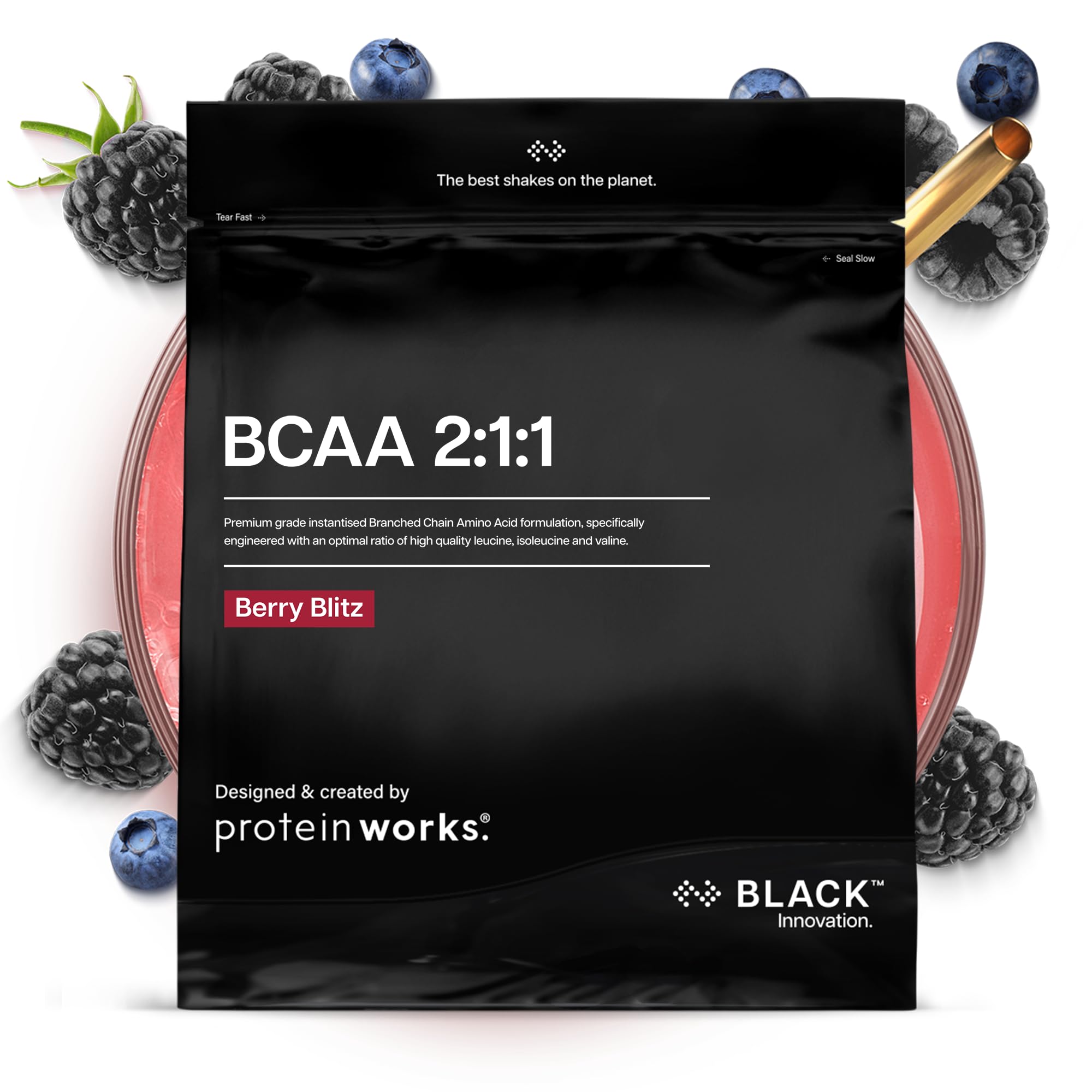 Protein Works | BCAA 2:1:1 - Black Innovation, Premium Essential Amino Acid Blend, Supports Growth & Maintenance of Muscle Mass, Optimal 2:1:1 Ratio, Berry Blitz, 41 Servings, 250g