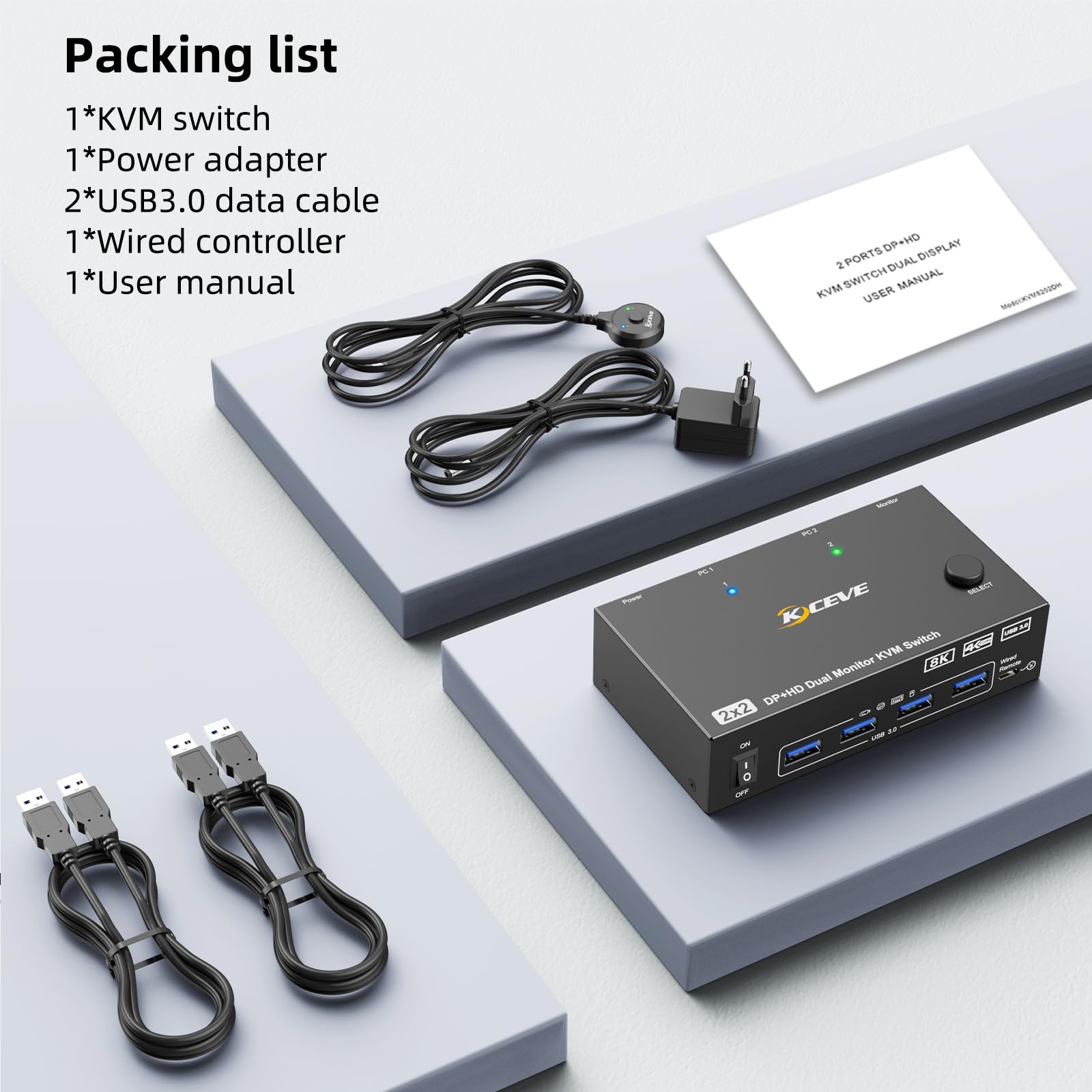8K KVM Switch 2 PC 2 Monitore 8K@60Hz 4K@144Hz Displayport+HDMI Dual Monitore KVM Switch für 2 PC Share 2 Monitore und 4 USB 3.0 Geräte, Kabelfernbedienung, 12V Netzteil und USB Kabel enthalten