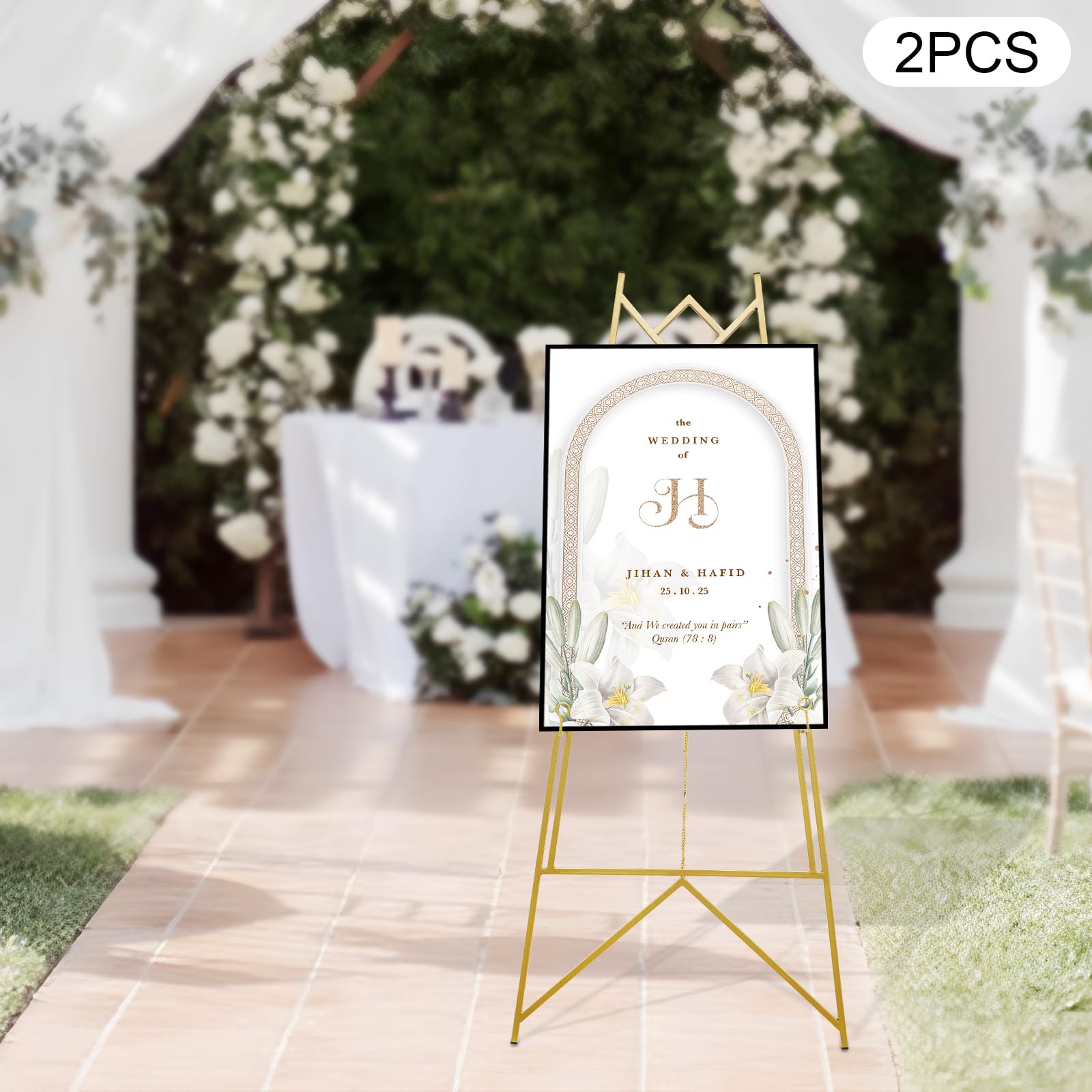 Goldener Hochzeitsschild-Ständer 144x78x38 Cm – Verstellbar, Mit Satinbändern & Blumenranke, Für Willkommensschilder