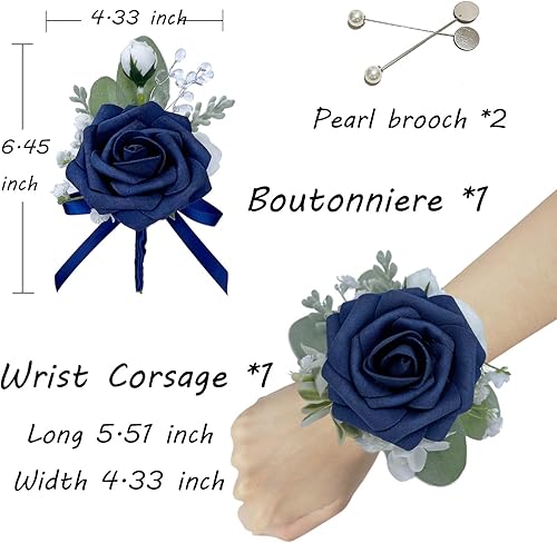 Miniatura 2 de CherishedMoments Juego de ramillete y boutonniere, rosa azul oscuro, hecho a mano, ramillete de muñeca y boutonniere de novio para boda junto al