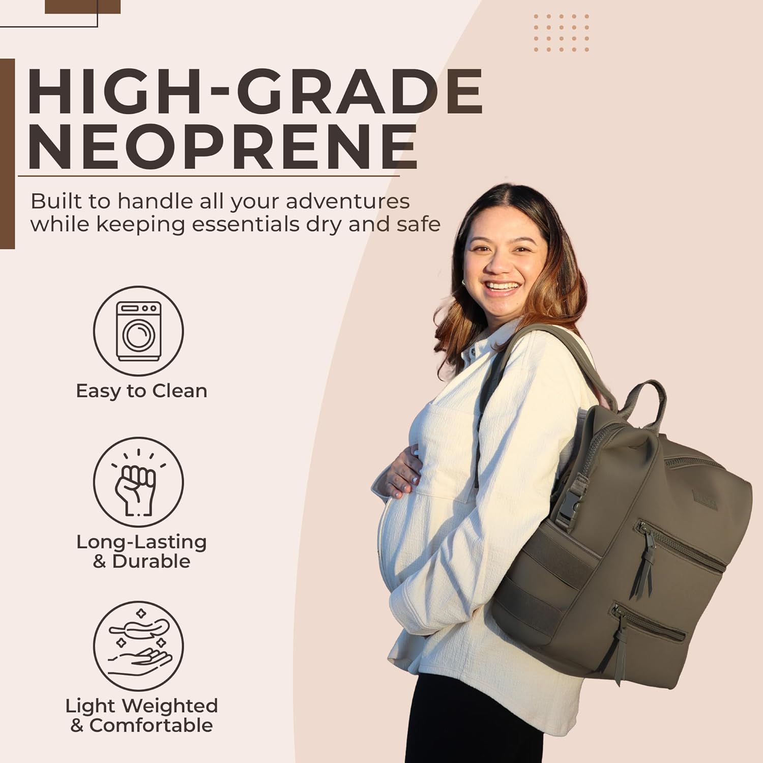 Neoprene Diaper Bag, Minimalist Backpack Diaper Bag with Pouch, Changing Pad, and Stroller Straps, Water Resistant and Lightweight Dad Diaper Bag, Diaper Bag Backpack - Olive - Image 4