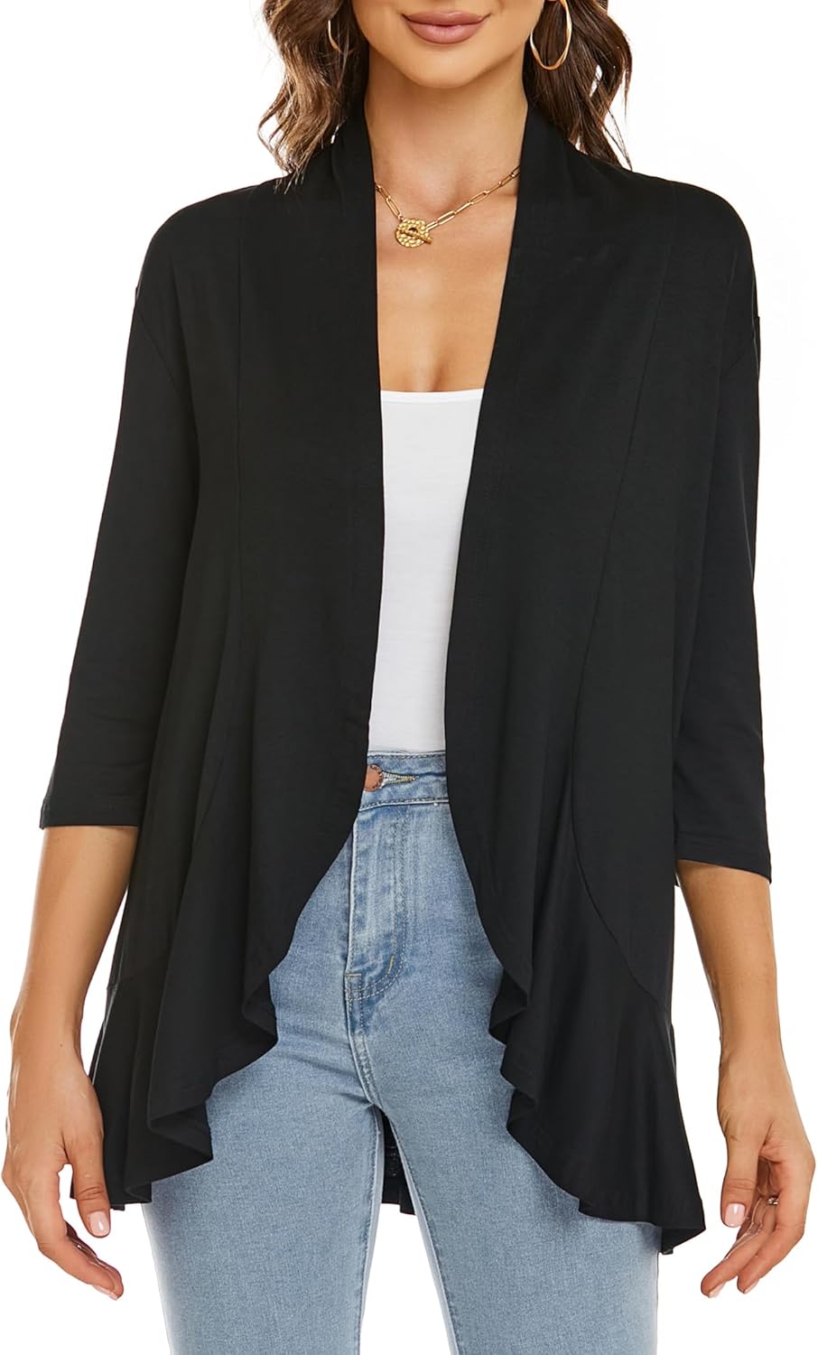 YnimioAOX Women's Cardigan Lightweight Open Front 3/4 Sleeves Draped Ruffles Knit Cardigan Sweaters - Image 3