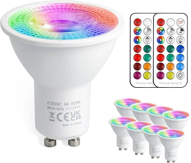 VARICART GU10 Colour Changing LED Bulbs, 6W Dimmable Spot Light Bullb, 12 Colour RGB + Cool White 6000K, 5 Modes, Built-in Memory with Remote, 35W~50W Equiv. for Everyday & Mood Lighting (Pack of 8)