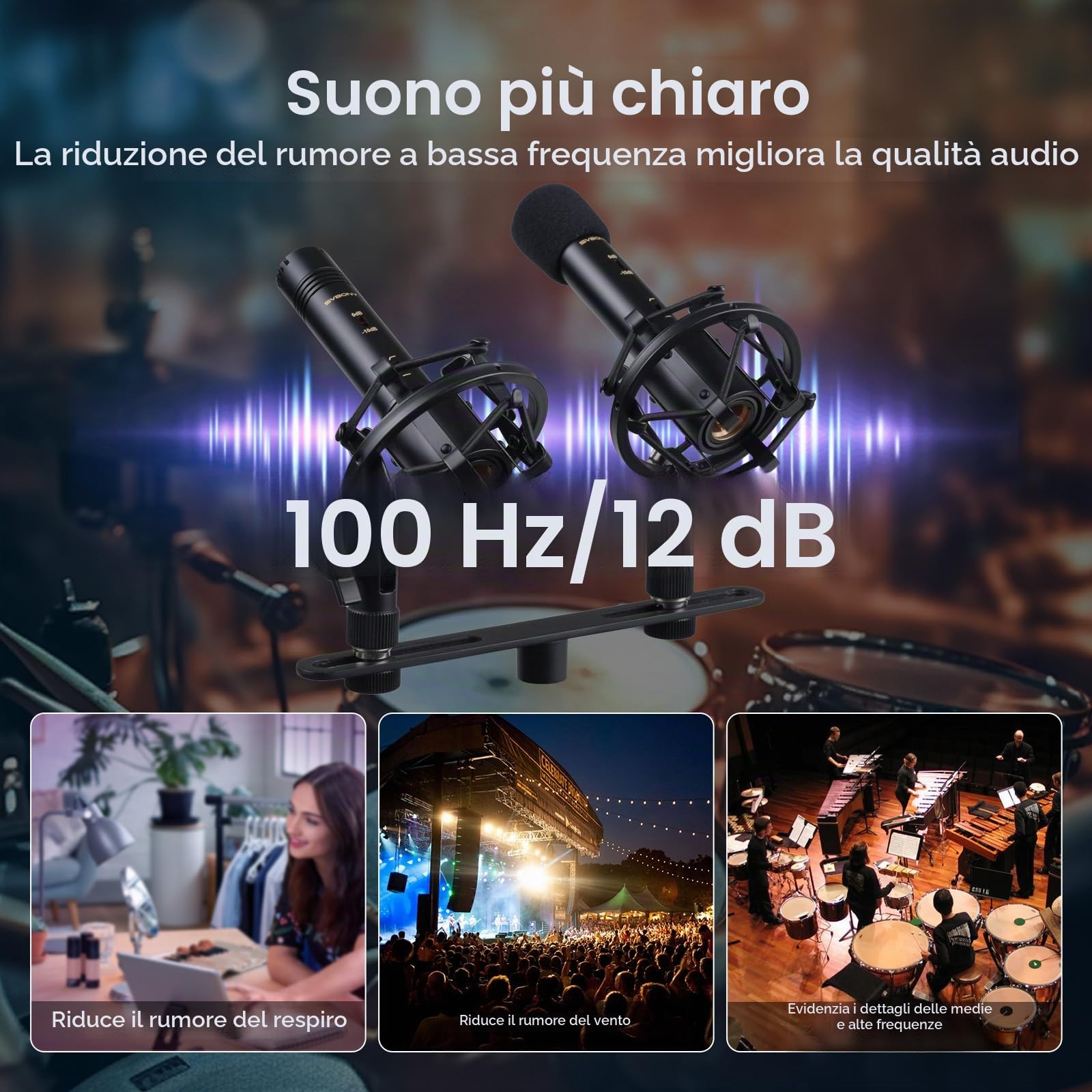 SVBONY SVMic M1 Microfono Dinamico Cardioide per Registrazione Strumenti | Kit Microfono a Condensatore Stereo Professionale con Attenuazione 10dB, XLR a 3 pin, Filtro Passa-Basso 100Hz&SNR 78dB