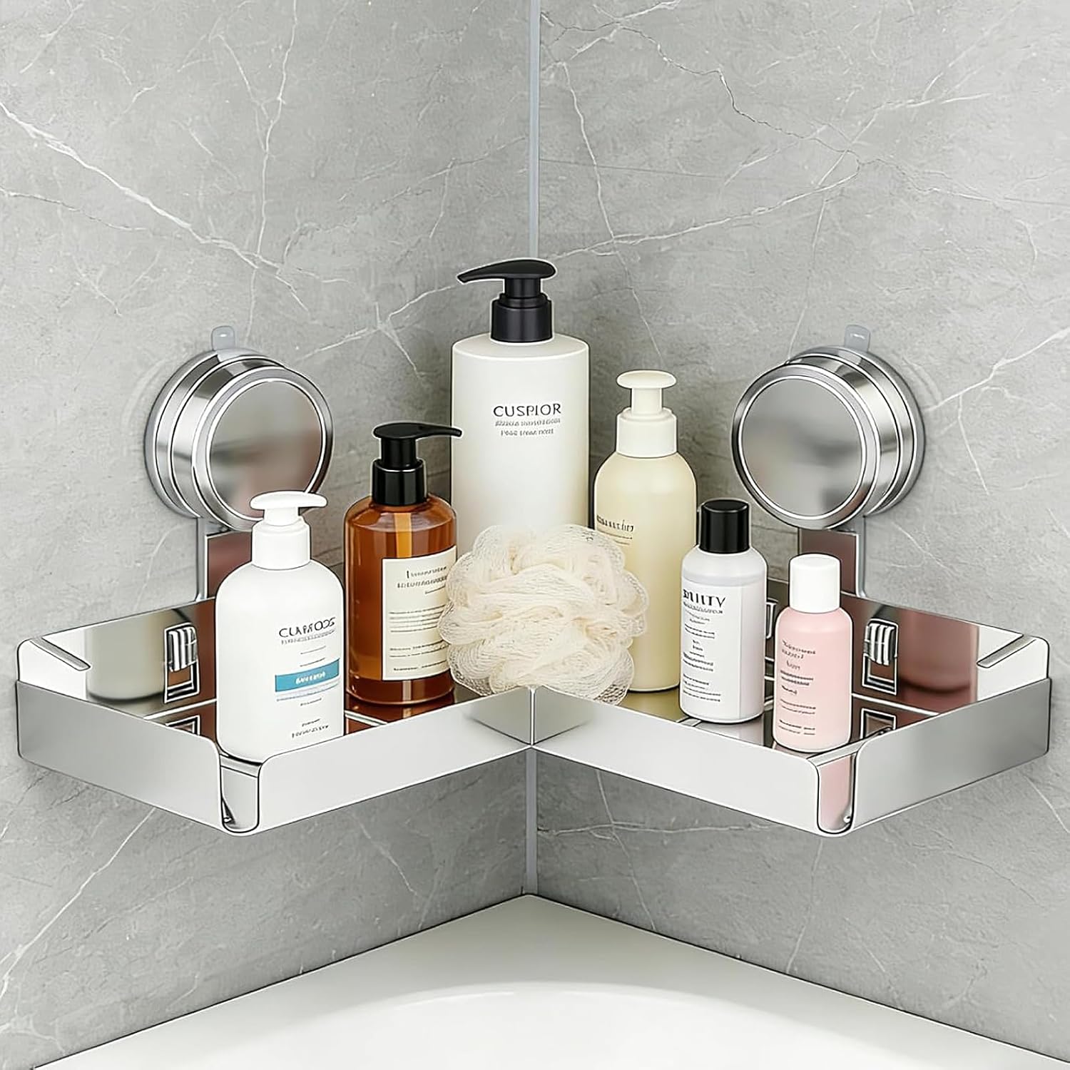 Shower Shelf Suction Cup, Stainless Steel Shower Caddy, Heavy Duty Corner Shower Shelf for Bathroom, No Drilling Wall Mount Organizer, Rustproof Fits Behind Faucet, Kitchen Storage Rack