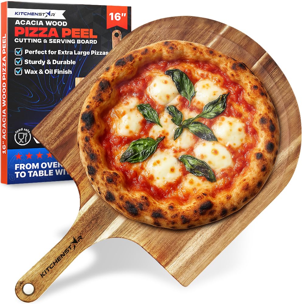 KitchenStar Acacia Wood Pizza Peel 16 inch - Wooden Pizza Board with Handle - Pizza Paddle & Cutting & Serving Board