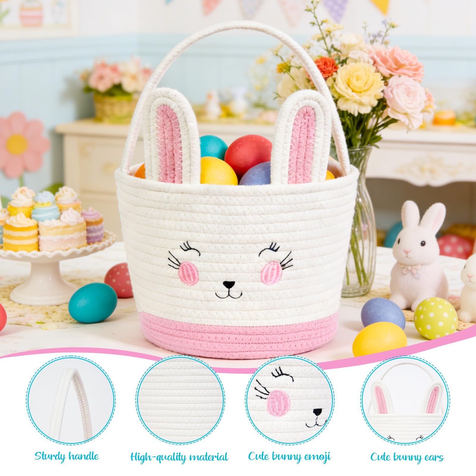 2 Pack Easter Bunny Baskets with 2 Wooden Bunny Ornaments, Egg Hunt Baskets, Easter Gift Baskets for Egg Hunting, Candy, Easter Decorations (pink+blue) - 4