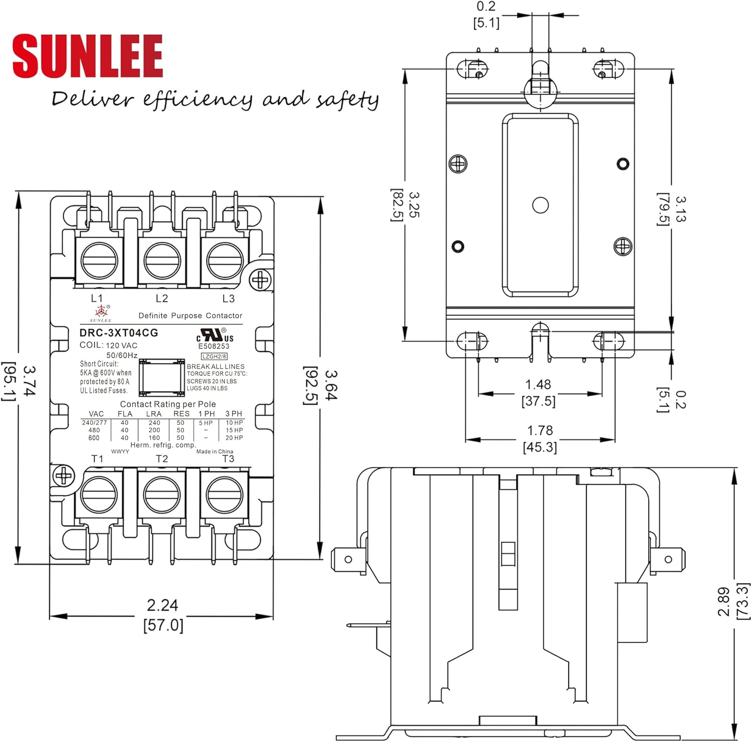 SunLee 3 Pole 40 Amp contactor 120V coil UL DP Contactor HVAC Contactor A2L Compliant 42CF35AF equivalent