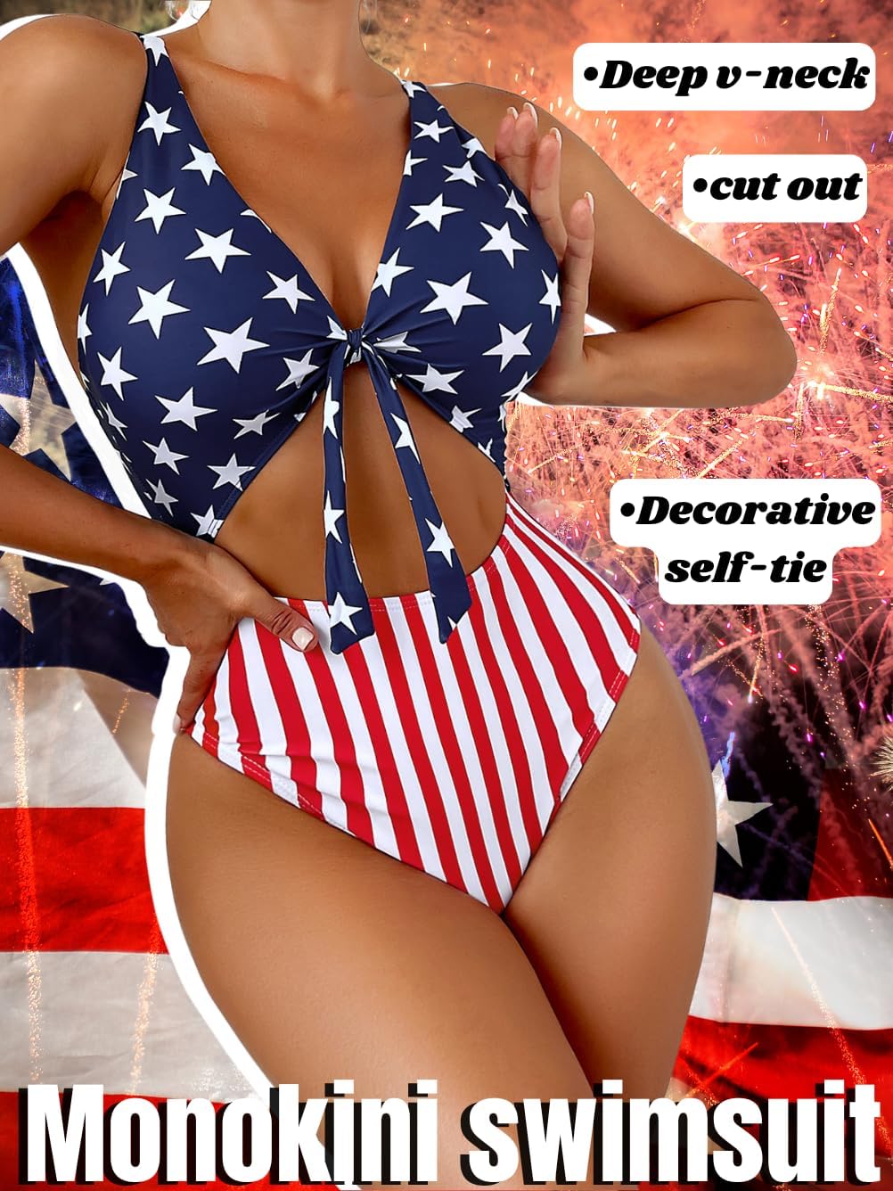 Women One Piece American Flag Monokini, 4th of July Patriotic Swimsuits, July Fourth Red White and Blue Bathing Suit