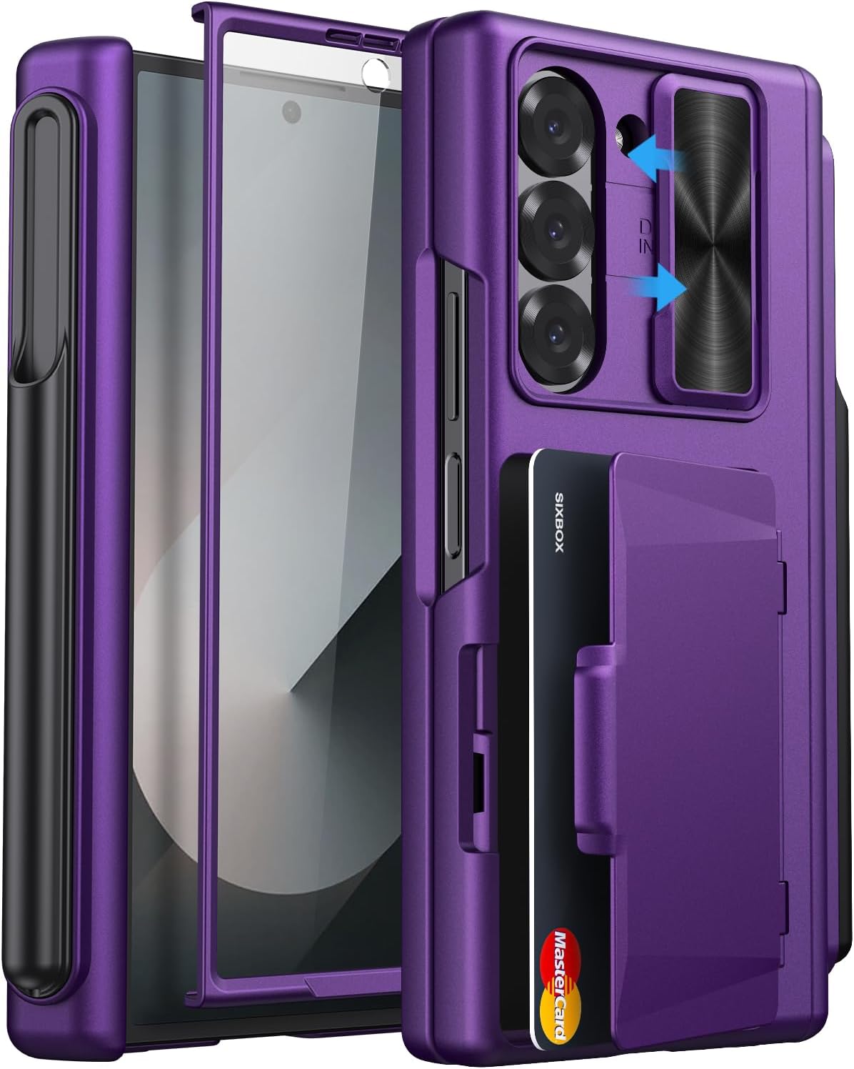 SIXBOX for Samsung Galaxy Z Fold 6 Case with S Pen Holder & Card Holder & Screen Protector, Built-in Hinge Protection & Sliding Camera Lens Cover, Durable Wallet Phone Case for Z Fold 6, Dark Purple