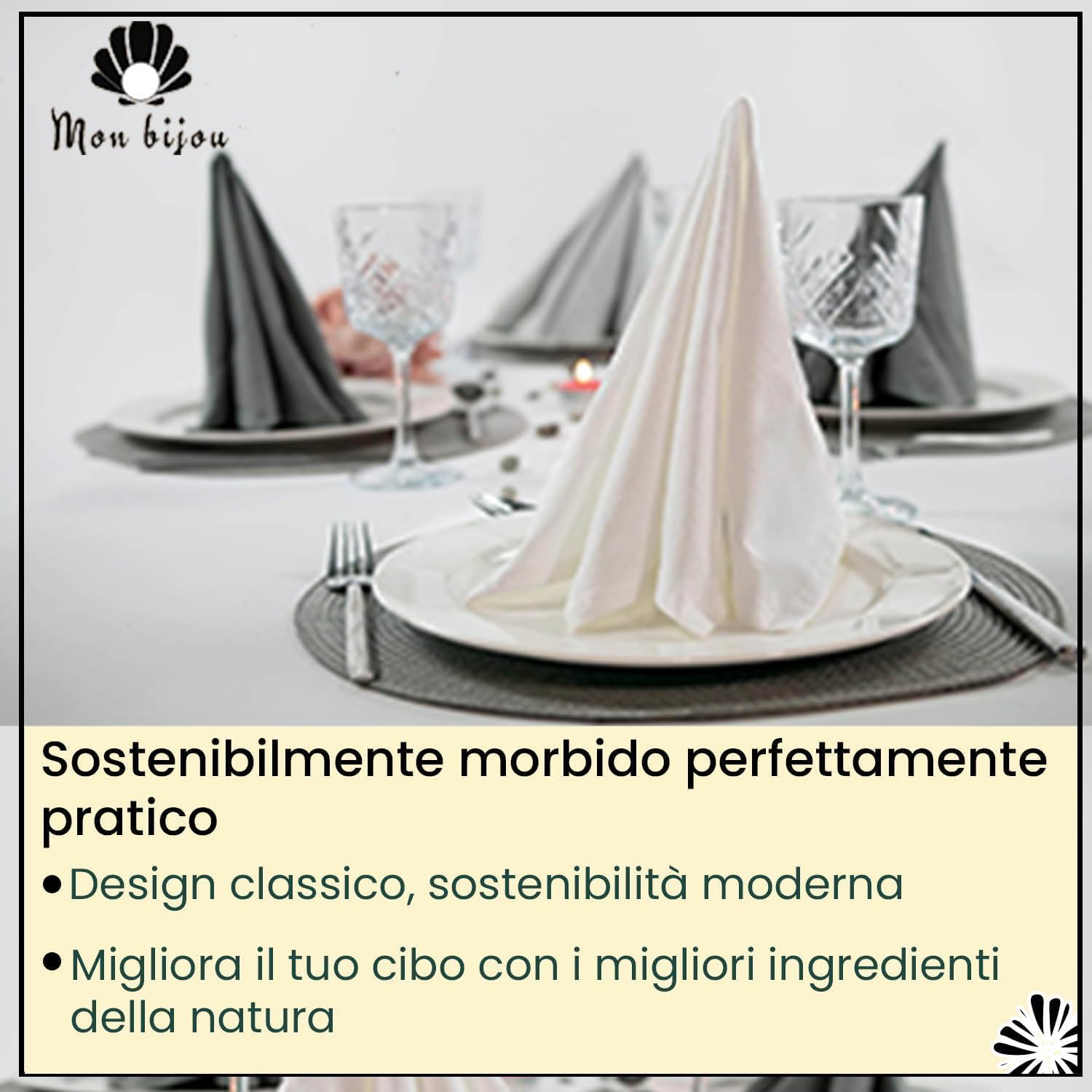 mon bijou® Set 6 Tovaglioli di Stoffa Bianchi 45x45 cm – 100% Cotone Biologico Certificato GOTS – Eleganti Lavabili Riutilizzabili – Sostenibili per Natale Pasqua Tavola Cucina Feste