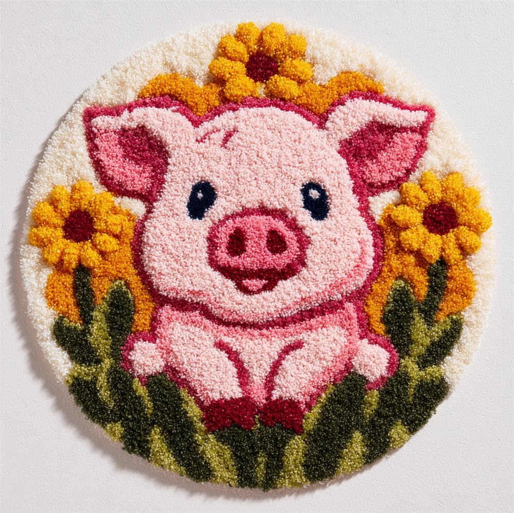 kitphoenix Latch Hook Rug Kit, DIY Latch Hook Cute Pig and Flower 20X20Inch (50X50Cm) Rug Handmade Carpet, Crochet Yarn Embroidery Needlework Hooks DIY Latchs Kit for Beginners, Home Decor