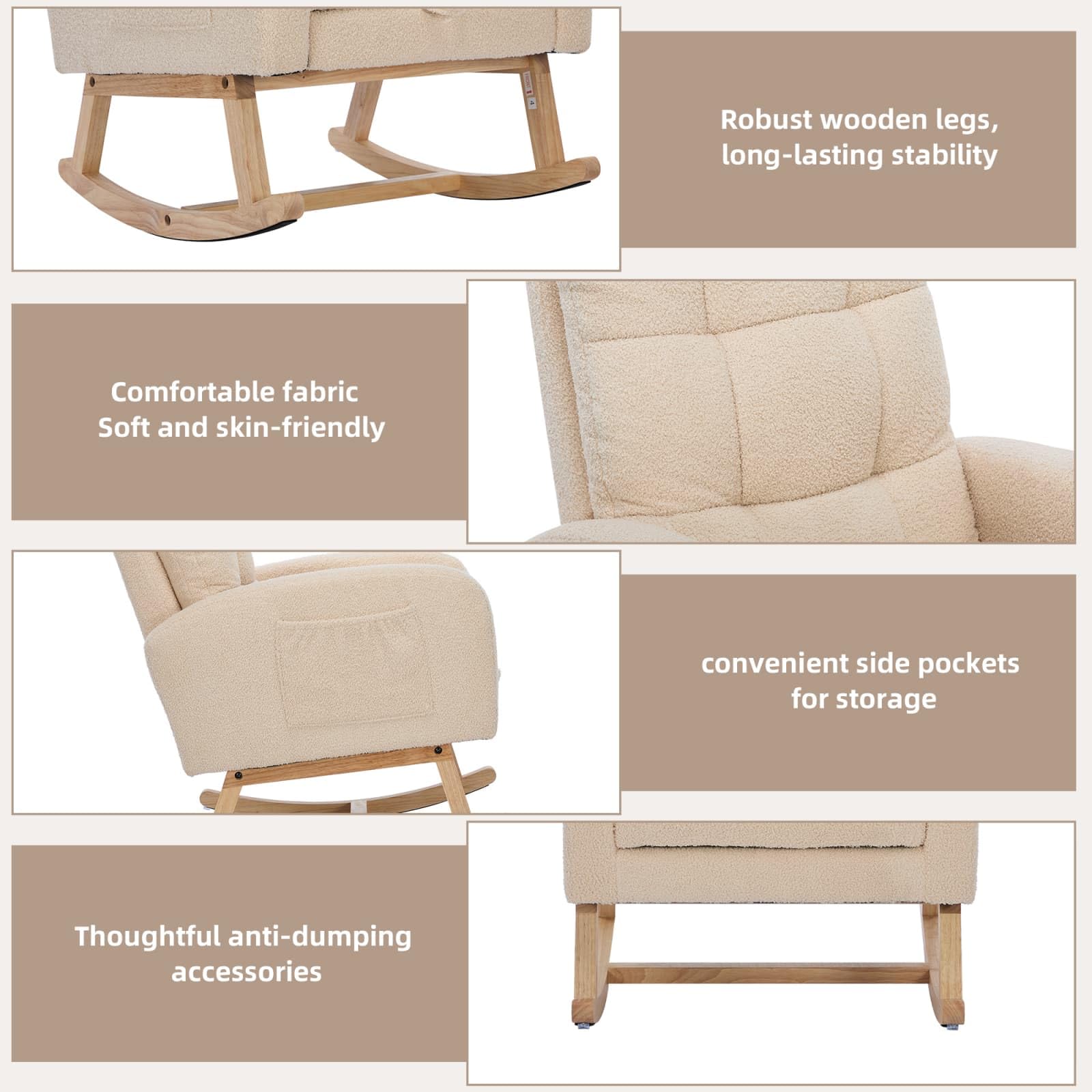 KOMHTOM Fauteuil à Bascule avec Repose-Pieds Escamotable, Rocking Chair en Velours Teddy, Structure en Bois, Poche de Rangement Latérale, pour Salon et Chambre à Coucher