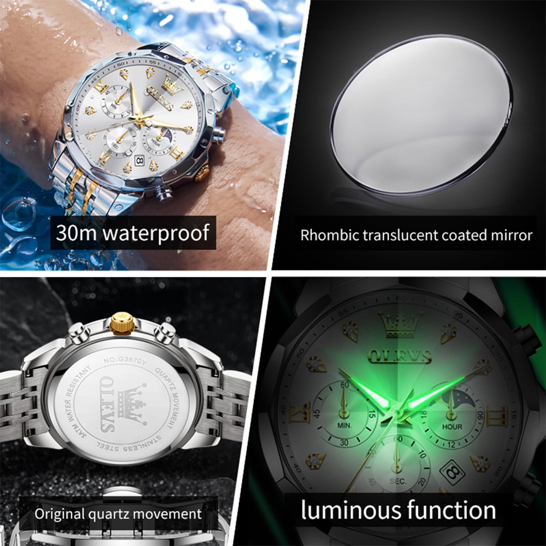 OLEVS Reloj para Hombre, cronógrafo Multifuncional con 4 subesferas, manecillas Luminosas, Fecha, Resistente al Agua hasta 3 ATM, Correa de Acero Inoxidable, Reloj de Cuarzo para Vestir de Negocios