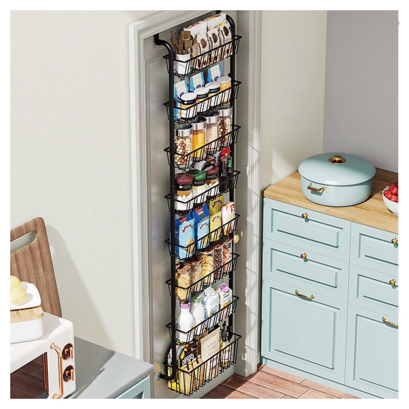 Over The Door Organizer - 4/6/8 Tier Removable Metal Storage Baskets for Pantry Bathroom Back of Door Adjustable Door Hanger Rack Black