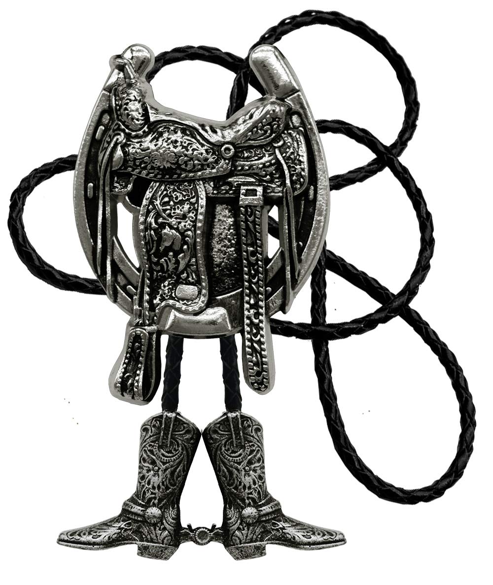 Moranse Bolo Tie with Western Cowboy Hat Saddle And Knight Boots Style Genuine and Cowhide Rope