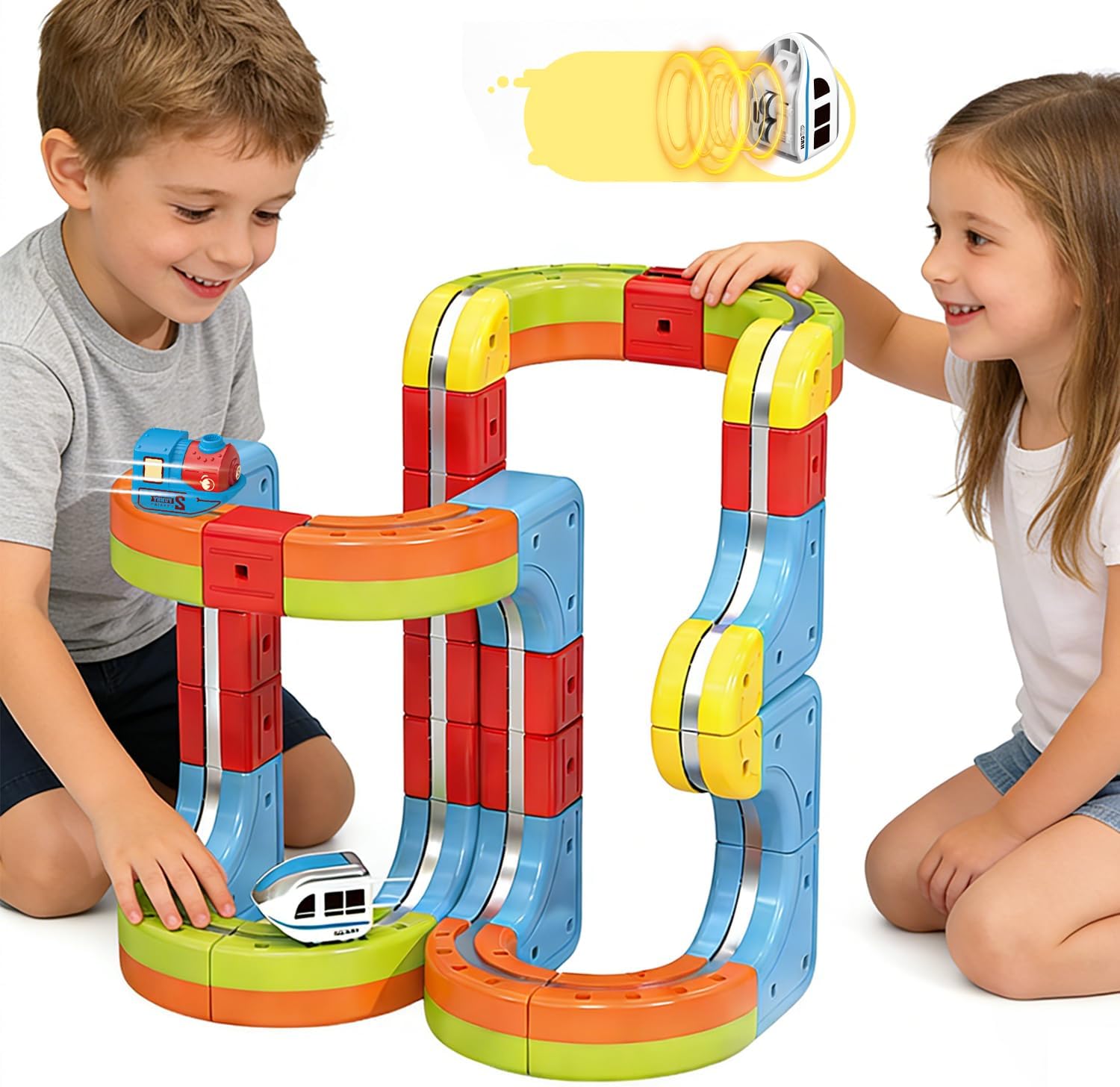 48PCS Electric Train Set with 2 Trains, Infinity Racer 3D Train for Kids, DIY Railway Block- Cube Track Train Toys, STEM Gravity-Defying Magnetic Train Track for Boys Girls 4 5 6 7 8+
