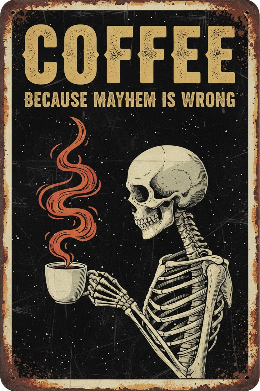 Skeleton Strong Coffee Tin Sign, 8x12 Inch Halloween
