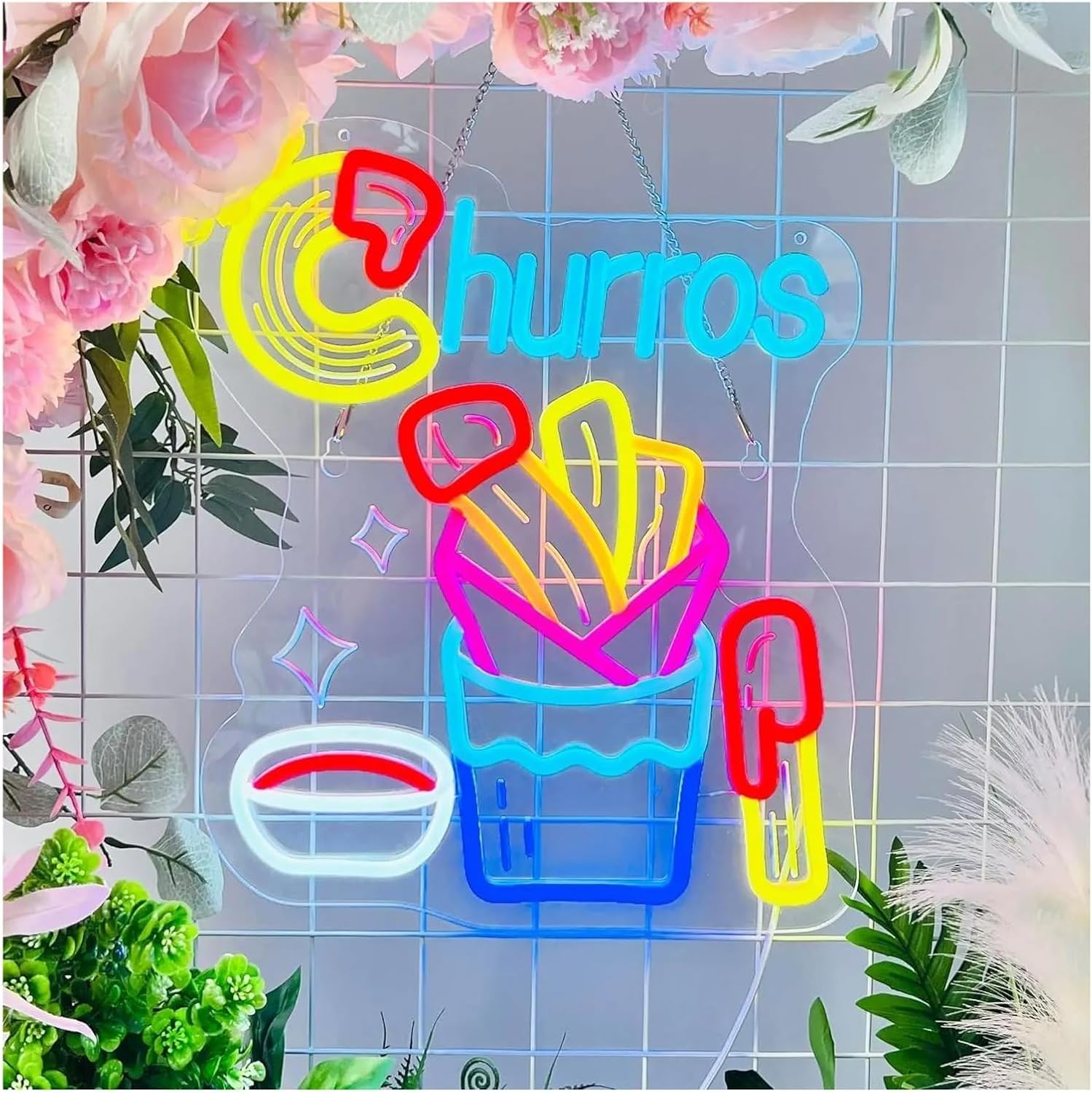 Insegna luminosa al neon Per insegna al Per neon Per LED, luminosa da parete con churros appesi, decorazione per ristorante, festa, 31 cm x 38