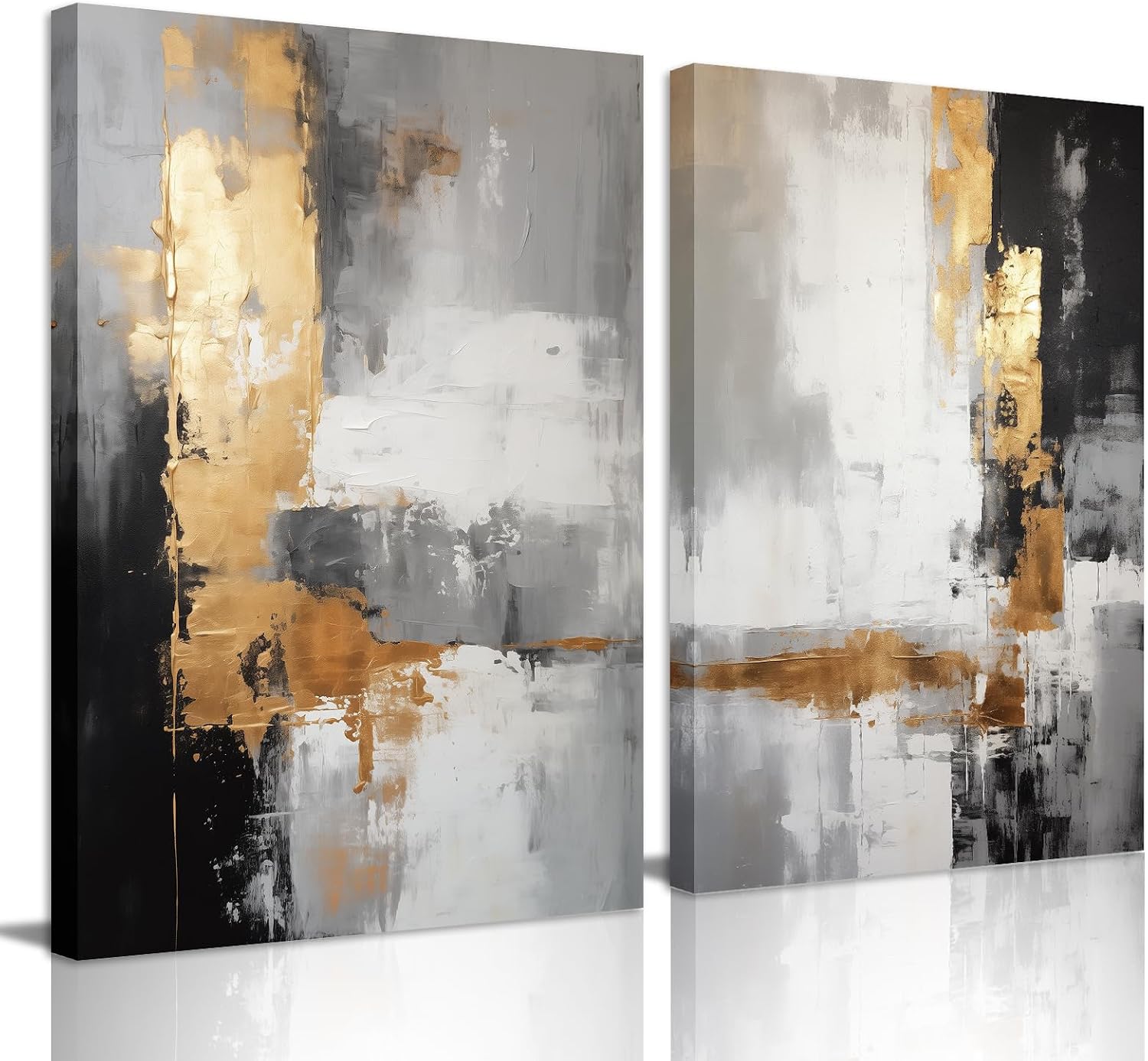 2 Piece Abstract Canvas Wall Art Black and Gold Wall Decor Black and White with Gold Foil Textured Print Painting Artwork for Living Room, Bedroom, Office, Framed
