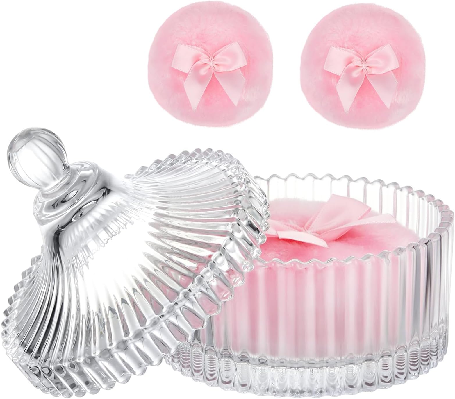 Crystal Powder Compact Set (comprising a glass case and two powder puffs) may be used to hold body powder or talcum powder, or alternatively to store sweets, necklaces and other jewellery.