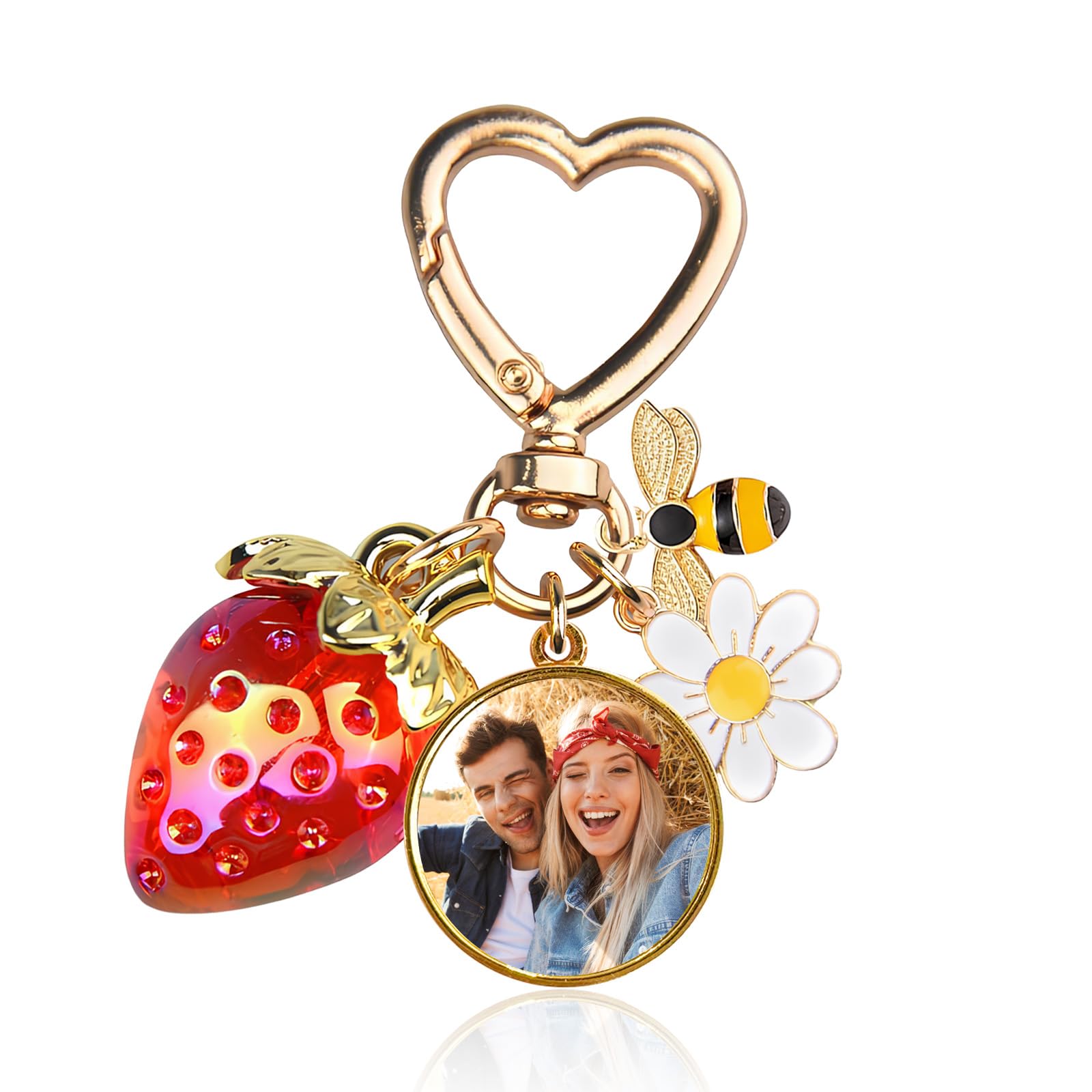 QSZ Custom Strawberry Bag Charm Personalized Purse Charms with Photo Cute Bee Flower Daisy Keychain Gift for Women Girls (Round)