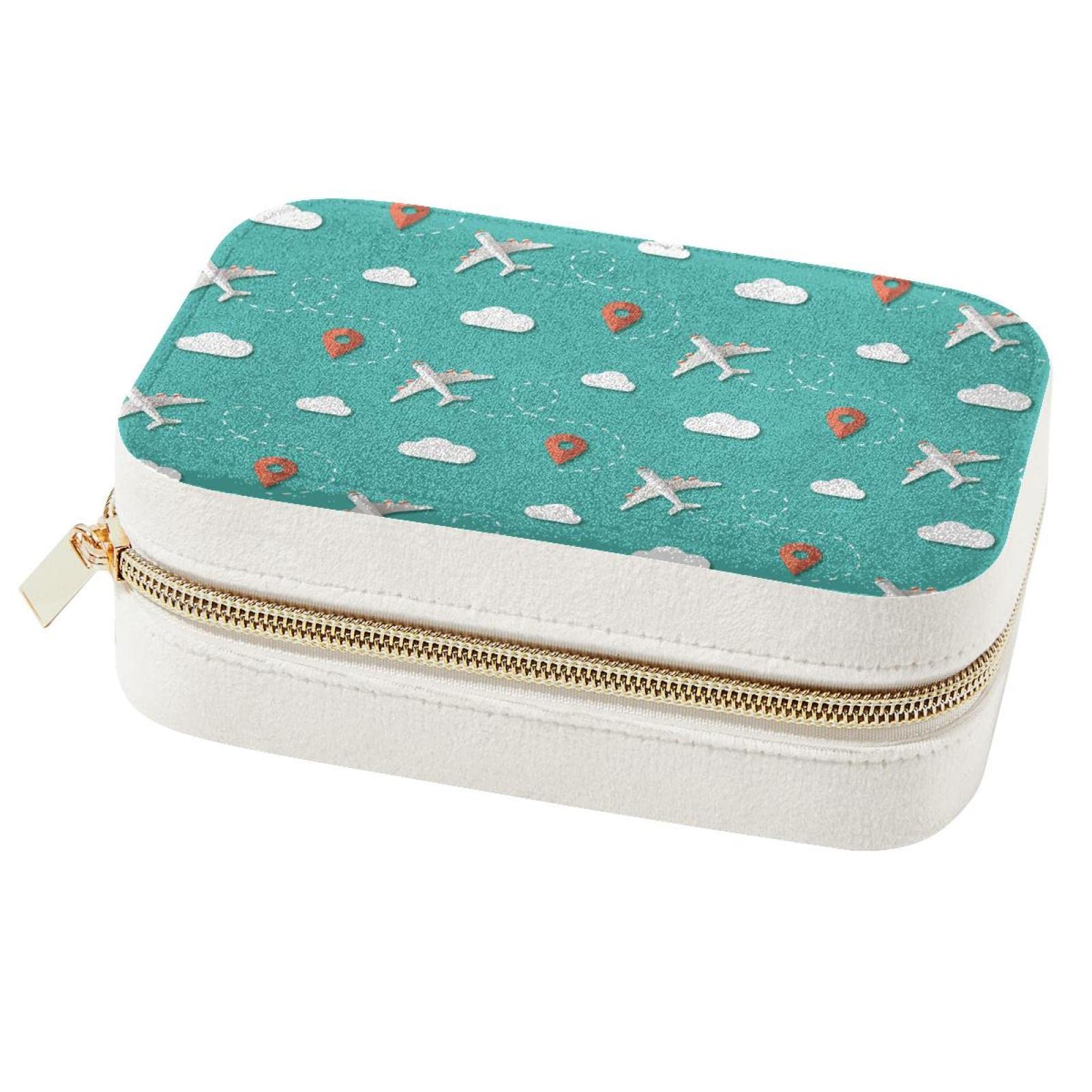 Boîte à bijoux de voyage bleue avec motif avions et nuages pour bagues et colliers