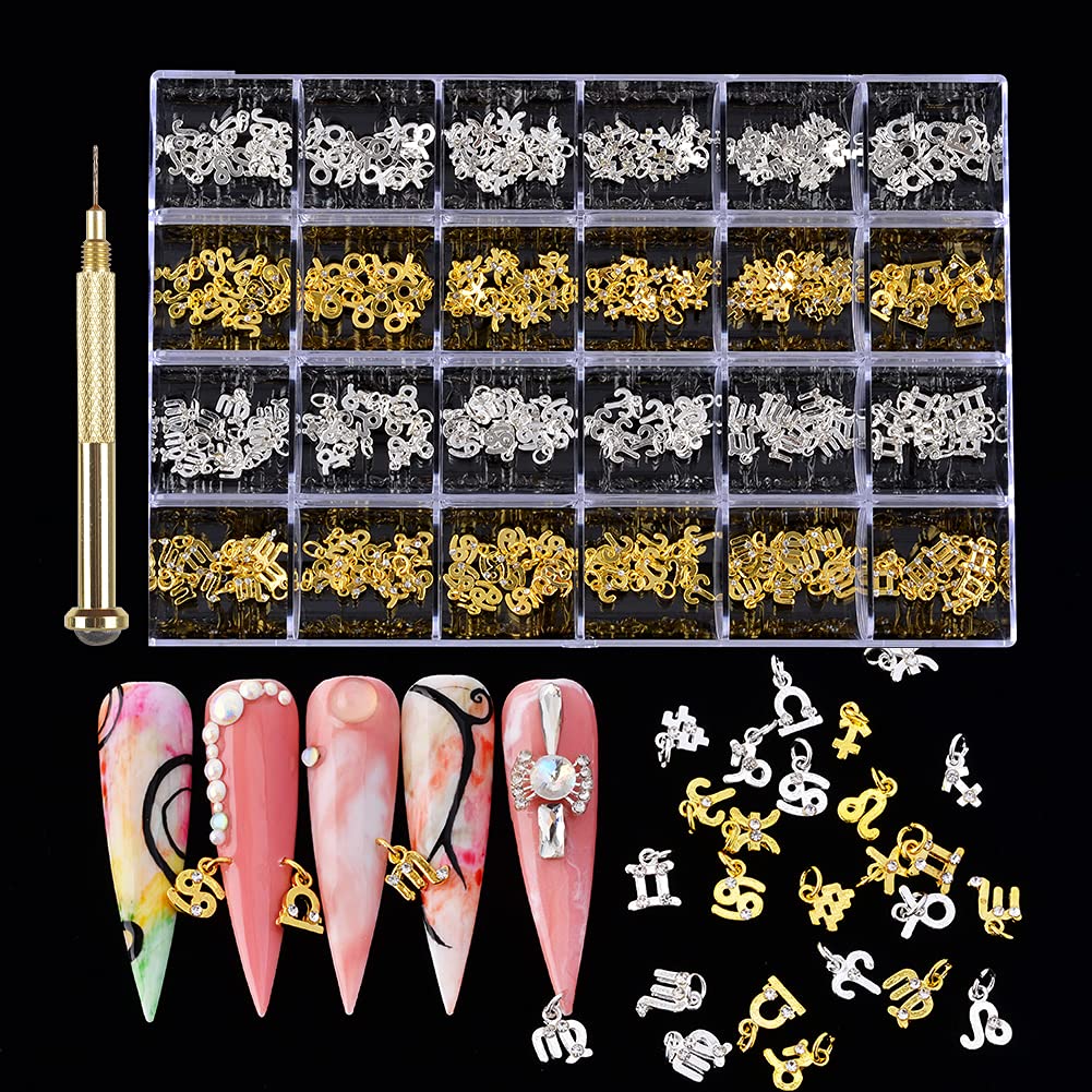 Nail Art Dangle Charms Rhinestones-240 PCS Nail Charms Dangle Constellation with Nail Piercing Tool Hand Drill Nail Jewelry Rings Pendant Nail Charms Zircon for Acrylic Nails Tips Decoration