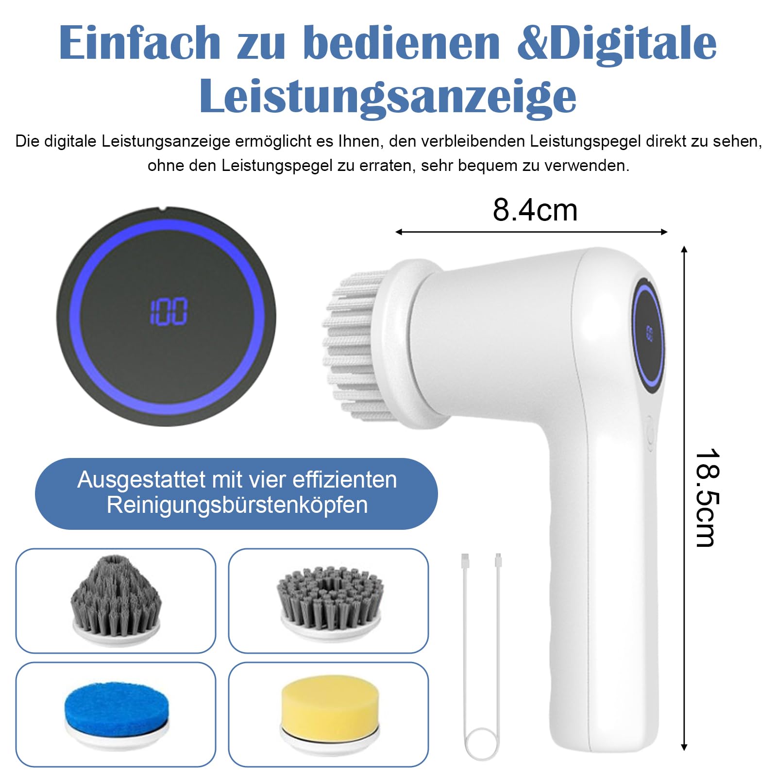 Spazzola Elettrica Multifunzione Con 4 Testine | 2 Velocità (280/380 Giri/min) | Ricarica USB-C | Impermeabile IPX7 | Per Casa E Auto - Foto 7
