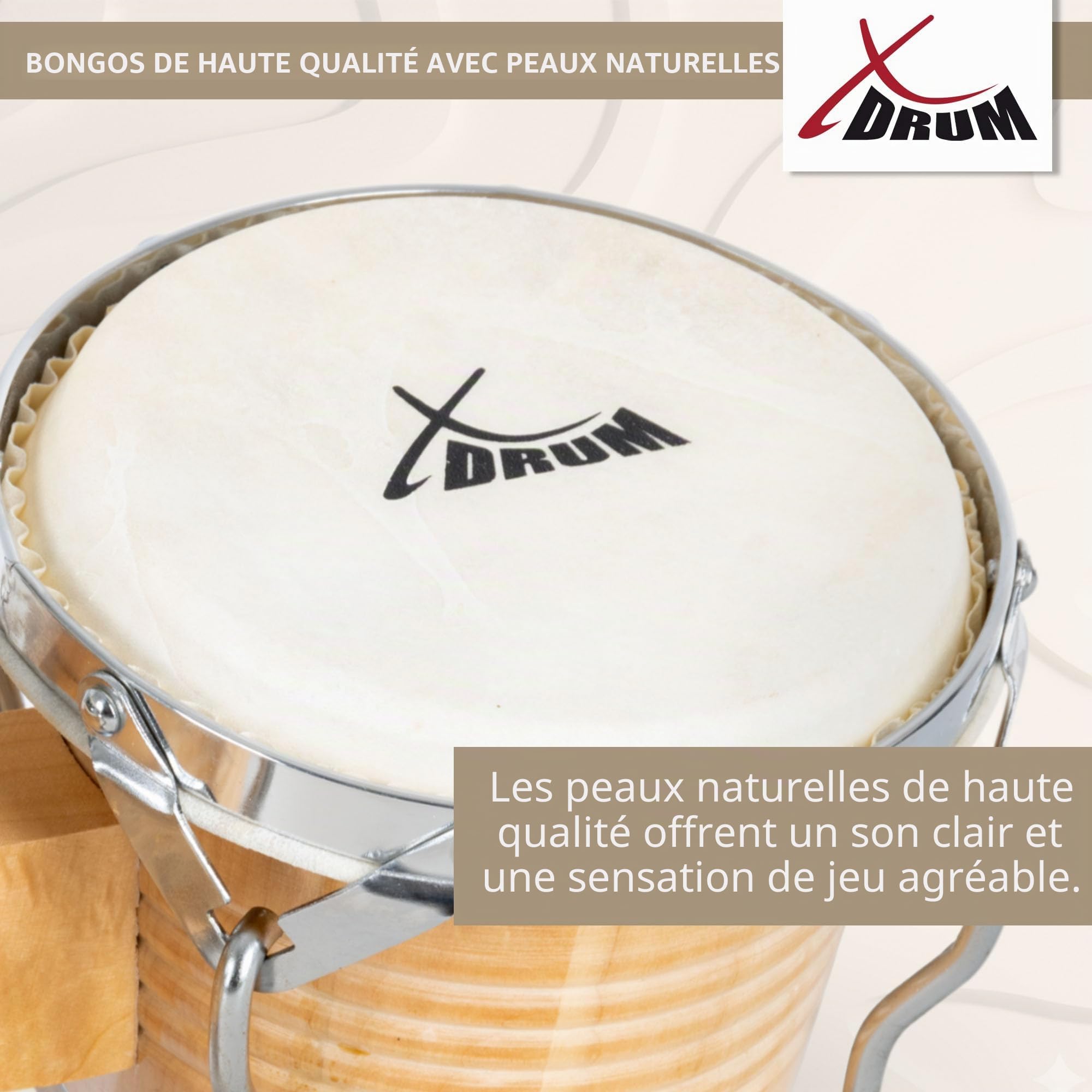 Set XDrum Bongos Pro Natur avec Support Inclus, Tailles des bongos: 6 | 2 tambours (« macho » et « hembra »), 5" (17 cm) et 7, 5" (20 cm), Peaux naturelles, Bois: bouleau, Quincaillerie chromée
