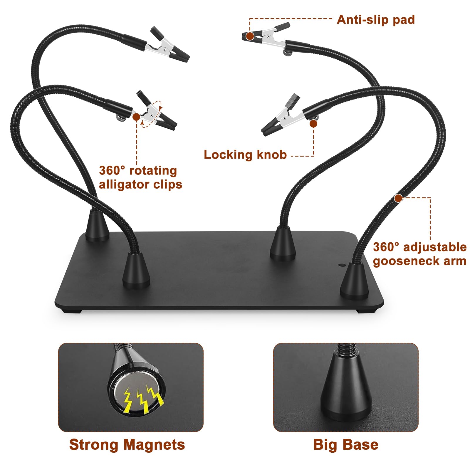 Soldadura magnética de tercera mano con tornillo de banco de trabajo de metal resistente, soporte para placa de circuito PCB con lámpara de aumento 5X, soporte para pistola de aire caliente de 360°