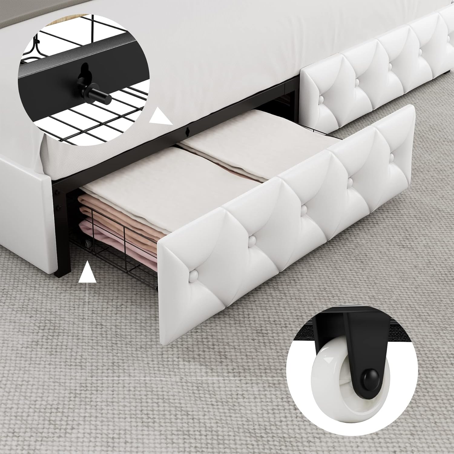 Keyluv Queen Upholstered LED Bed Frame with 4 Drawers, PU Leather Platform Storage Bed with Adjustable Button Tufted Headboard and Solid Wooden Slats Support, No Box Spring Needed, White