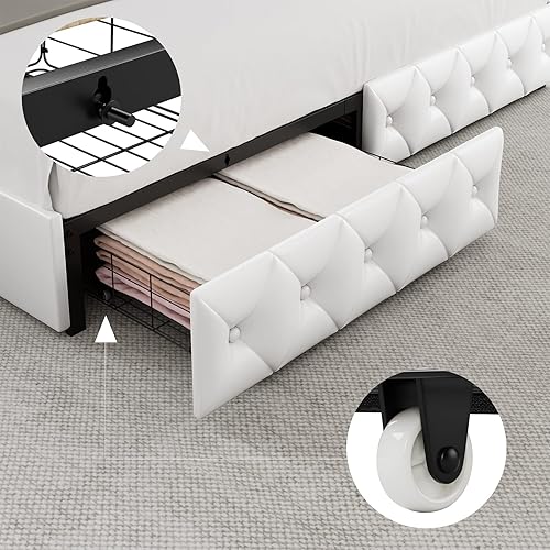 Miniatura 5 de Keyluv Marco de Cama LED Tapizado King con 4 Cajones, Cama de Plataforma de Almacenamiento de Cuero PU con Cabecero Abotonado Ajustable y Soporte de