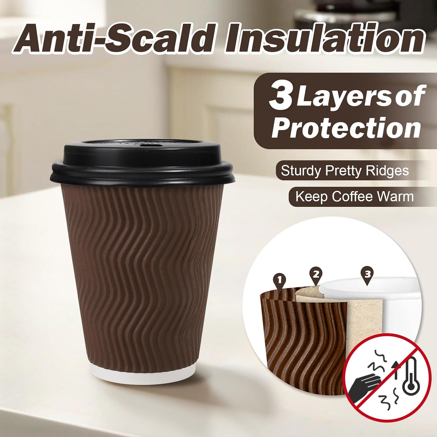 12 oz Disposable Coffee Cups with Lids, To Go Paper Coffee Cups with Lids, Insulated Hot Cups for Hot or Cold Beverages - Image 3