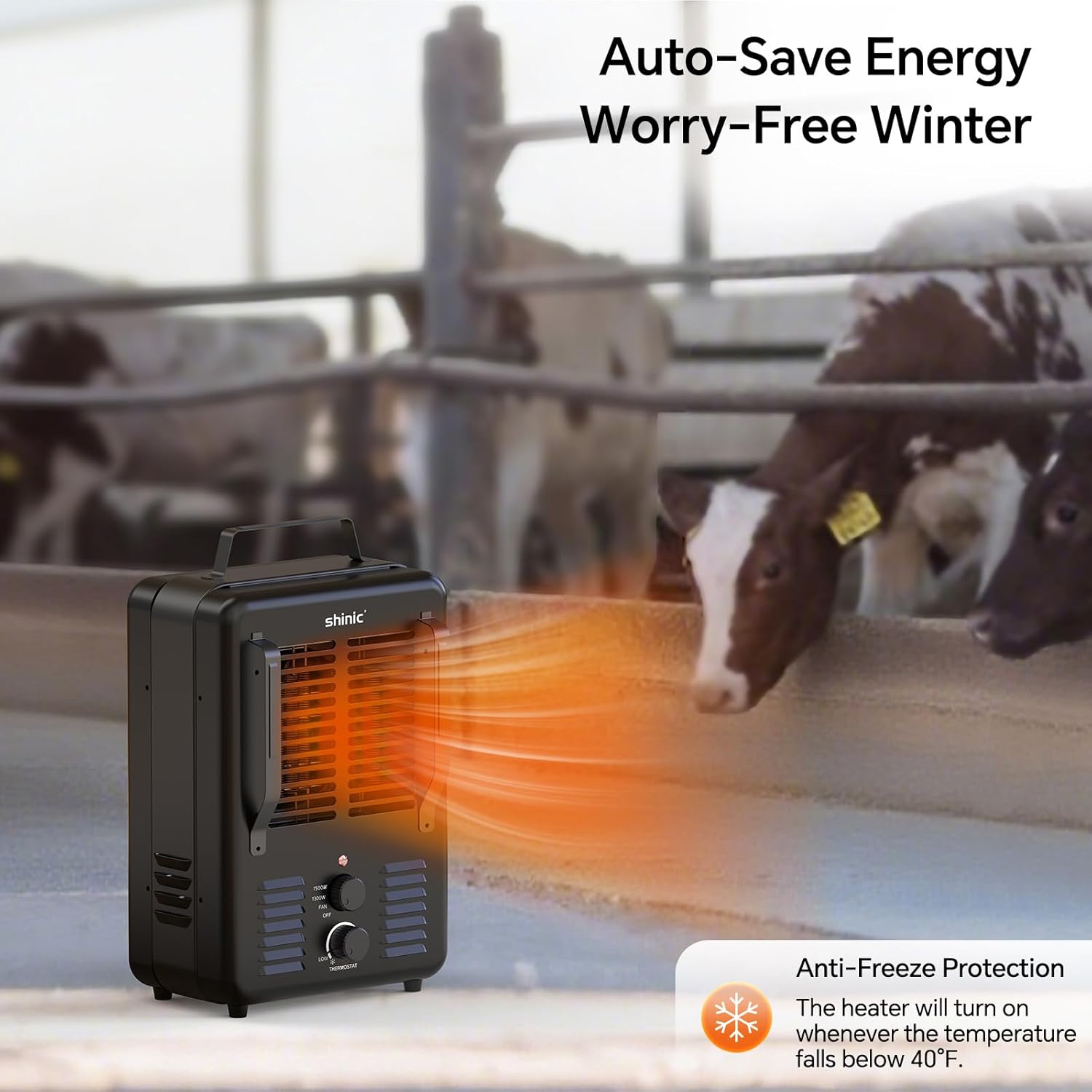 Shinic 1500W Milkhouse Heater, Utility Heater with Adjustable Thermostat, Tip-Over Switch & Overheat Protection, ETL Certified for Garage, Farm, Workshop,Black