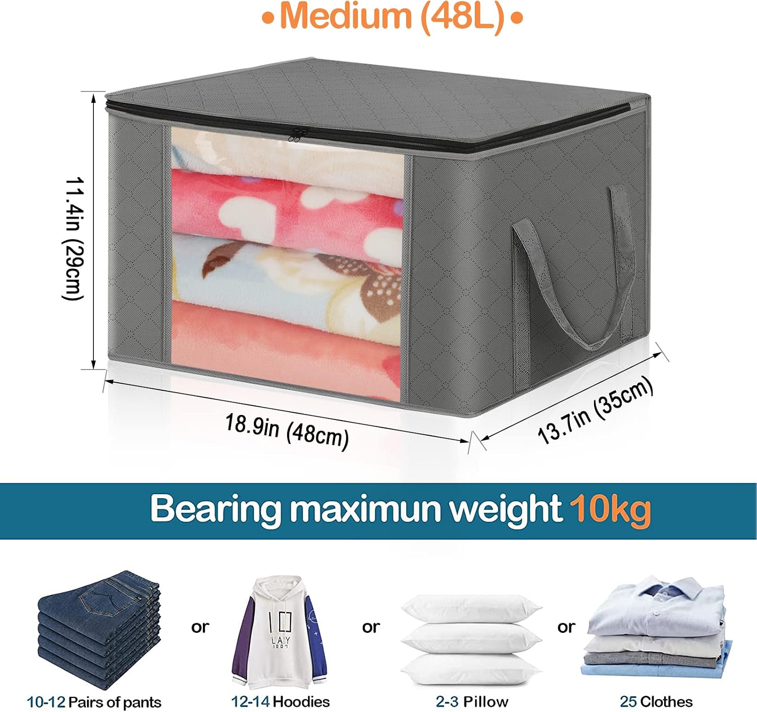 CCidea 2 Pack Clothes Storage Bag Organizer with Reinforced Handle, Great for Clothes, Blankets, Bedding, Wardrobe Storage (Medium Gray）