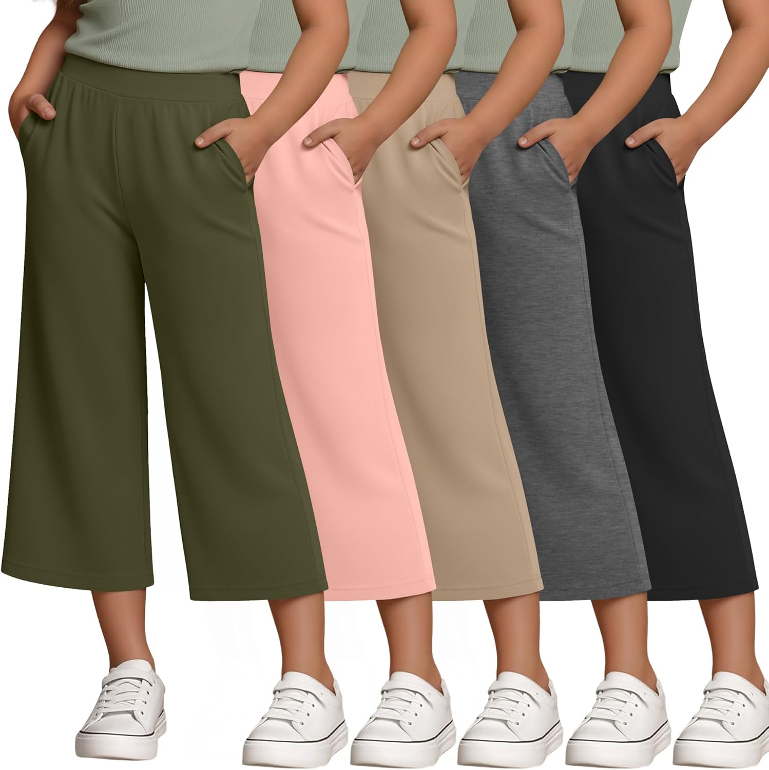 5 Pack Girls Capri Wide Leg Pants 5-14 Years Cropped Elastic Waist Pants with Pockets Kids Loose Casual Trousers